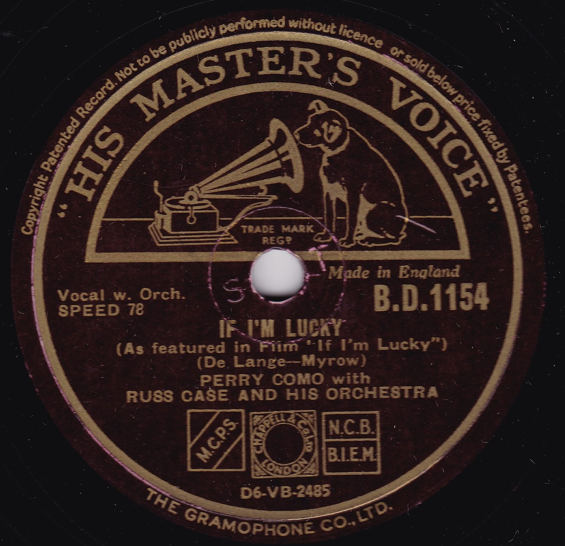 Perry Como And The Satisfiers With Russ Case And His Orchestra – Blue Skies (HMV 1946) 10" 78 RPM shellac single VG/-