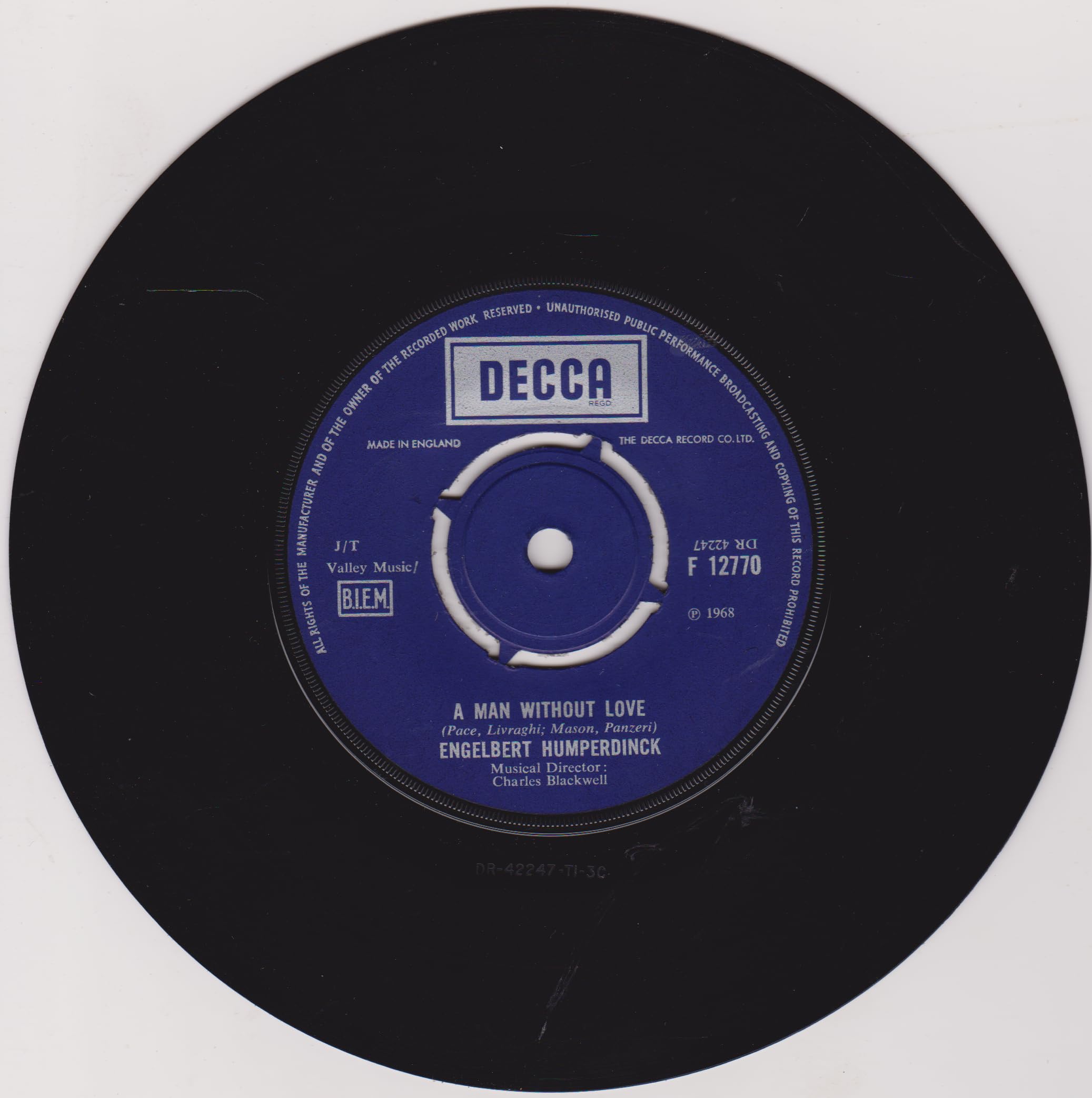 Engelbert Humperdinck ‎– A Man Without Love (Decca 1968) 7" vinyl single VG/-