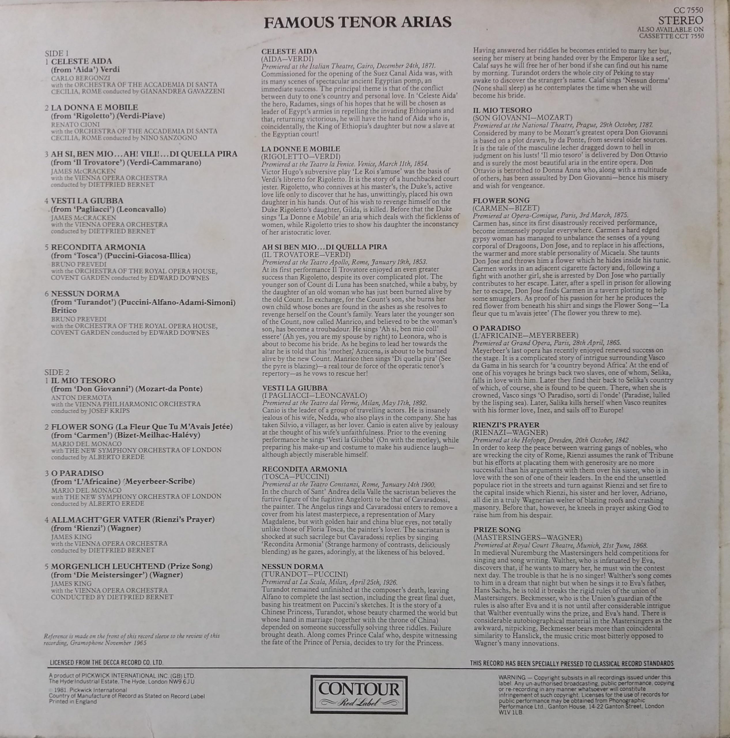 Various - Famous Tenor Arias (Contour 1981) 12" vinyl LP VG/VG