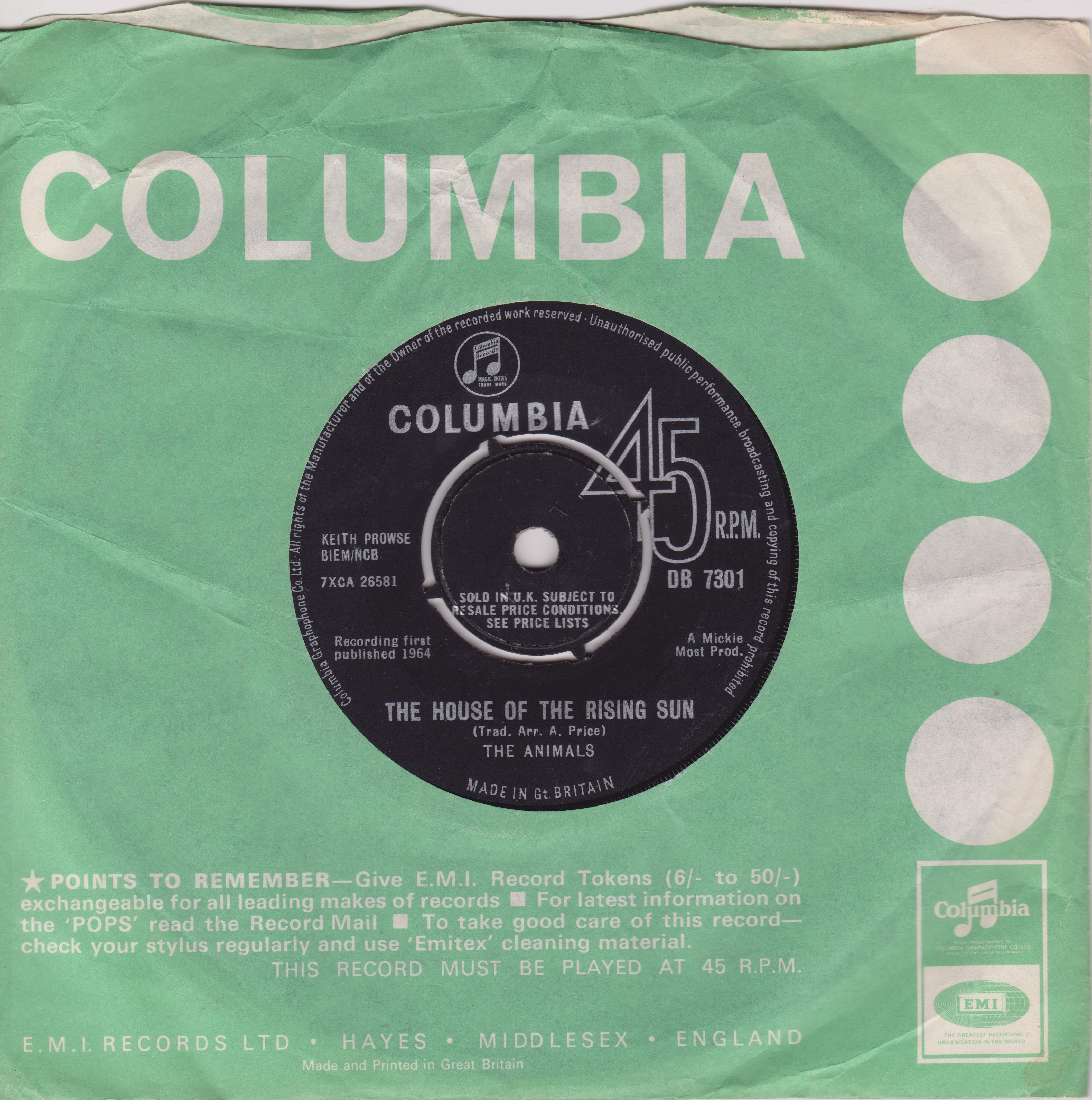 The Animals – The House Of The Rising Sun (Columbia 1964) 7" vinyl single VG/VG
