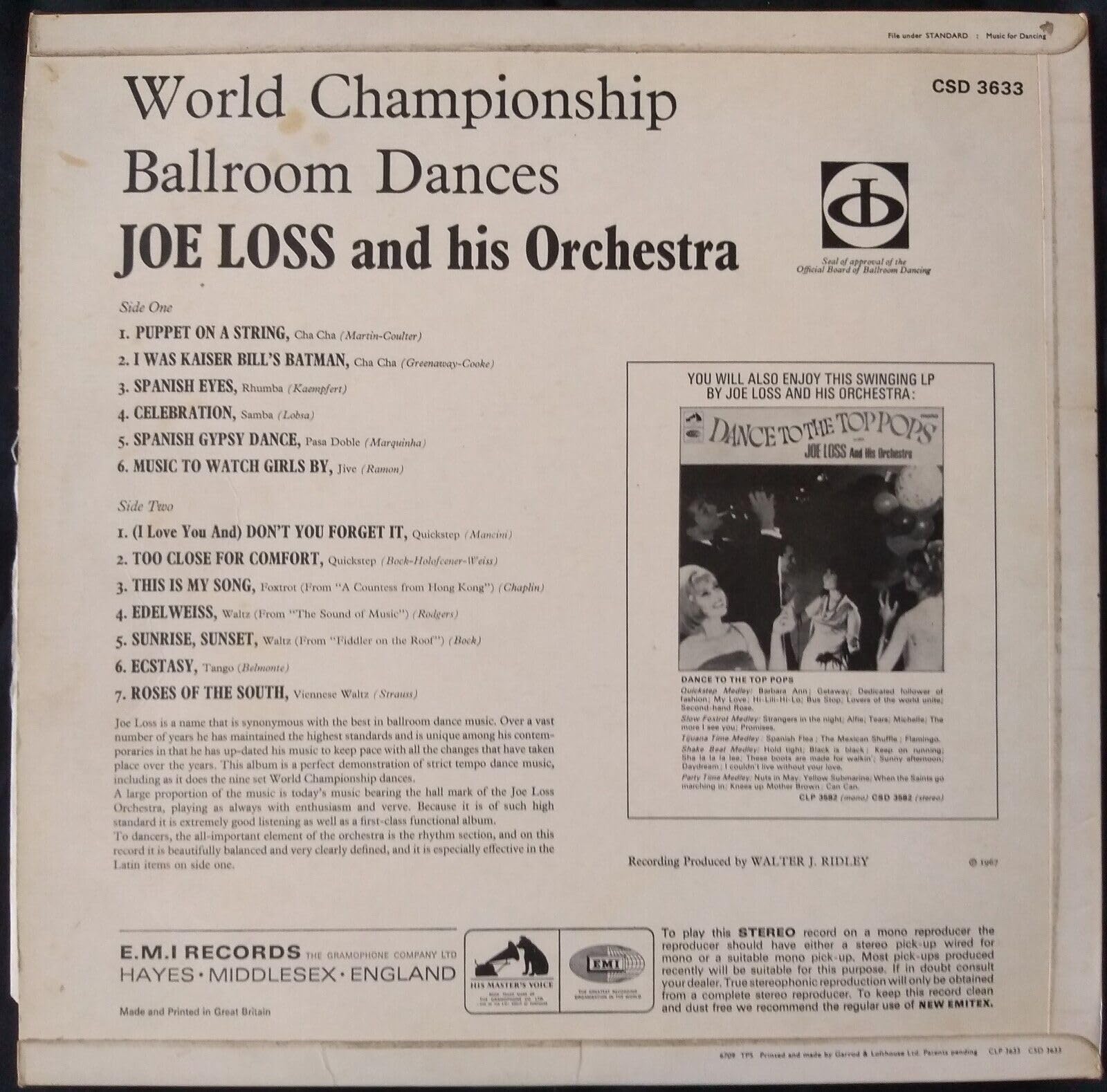 Joe Loss and his World Championship Ballroom Orchestra - World Championship Ballroom Dances (HMV 1967) 12" vinyl LP VG/VG