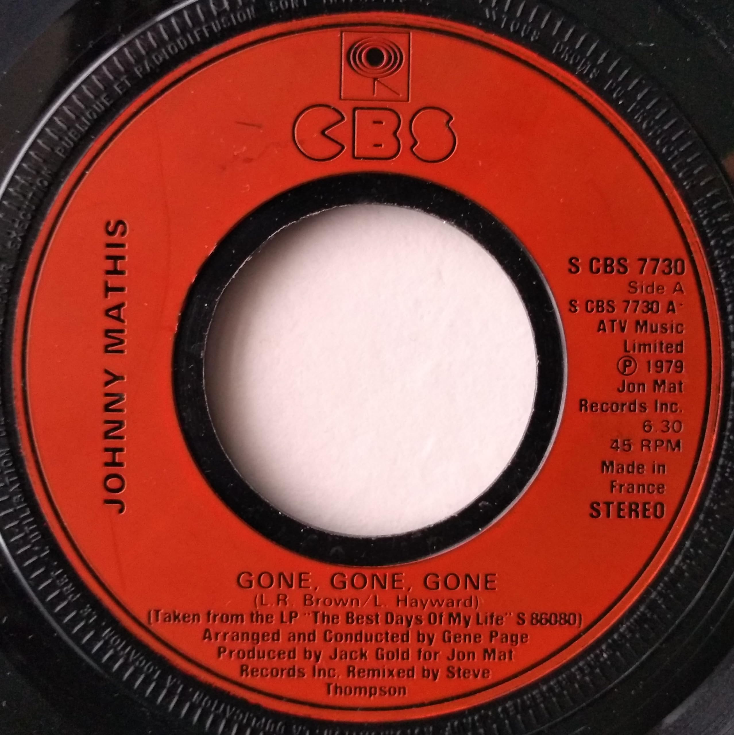 Johnny Mathis – Gone, Gone, Gone (CBS 1979) 7" vinyl single VG/- jukebox centre