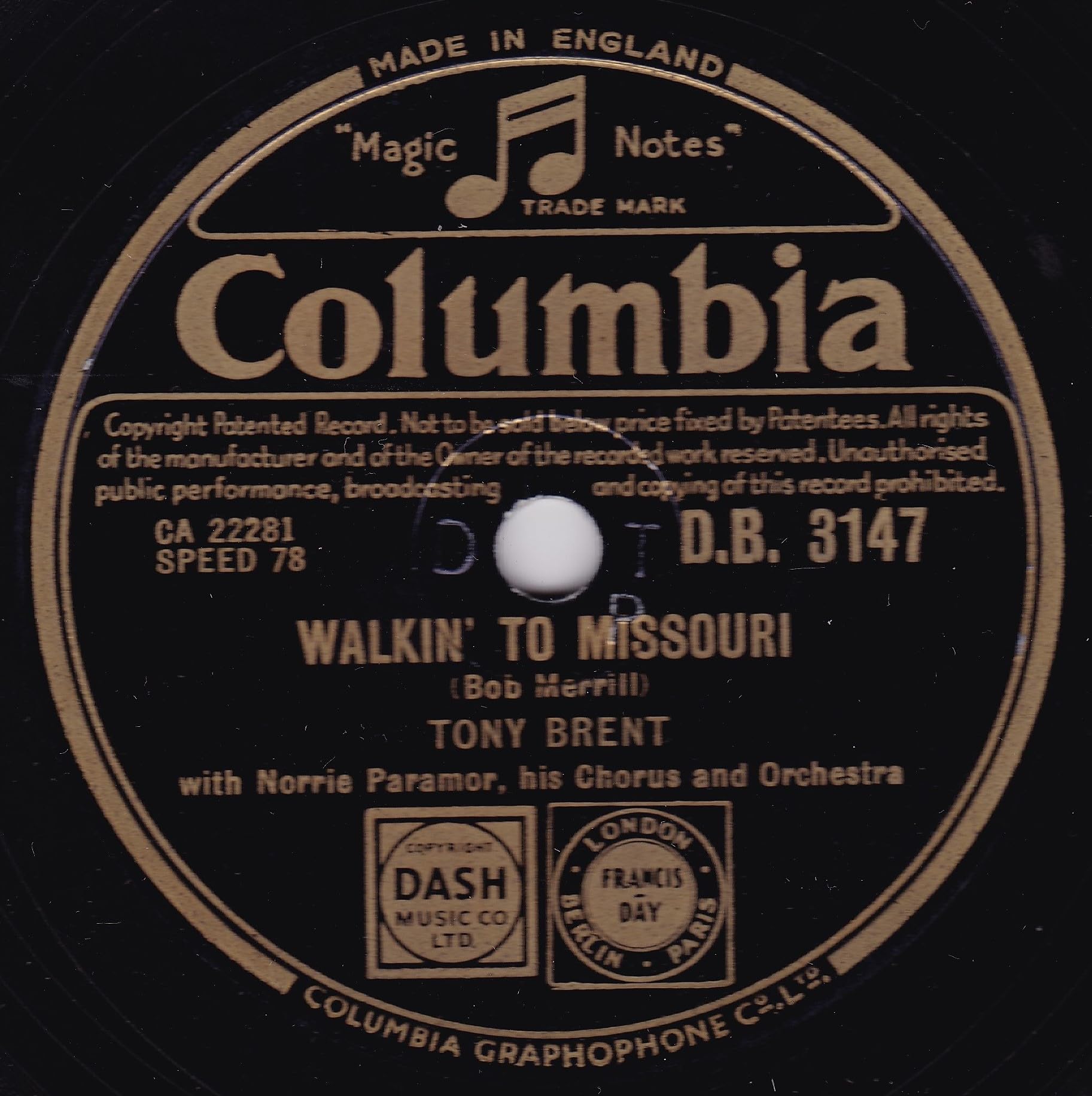 Tony Brent – Walkin' To Missouri (Columbia 1952) 10" 78RPM shellac single VG/-