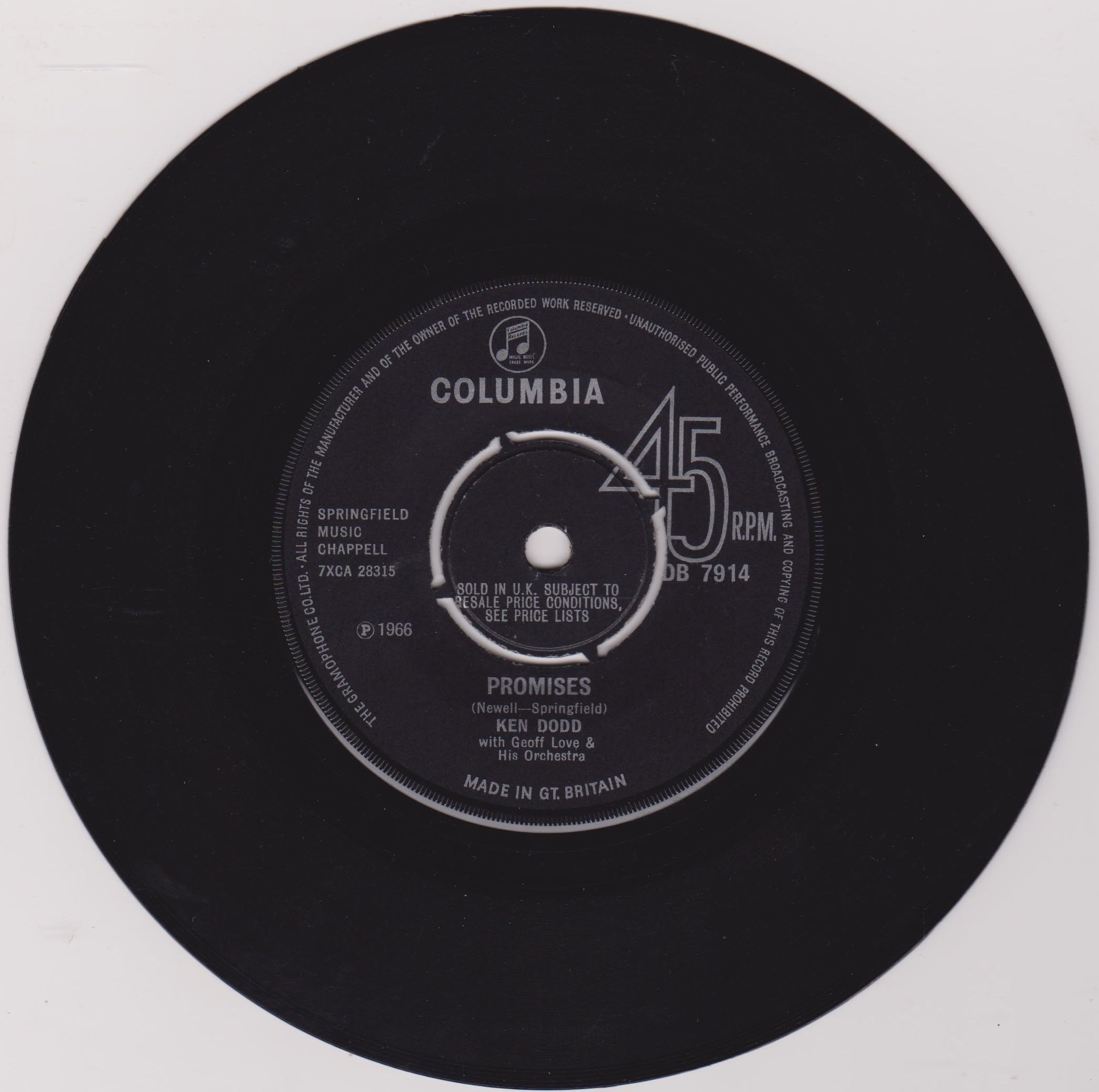 Ken Dodd With Geoff Love & His Orchestra ‎– Promises (Columbia 1966) 7" vinyl single VG/-