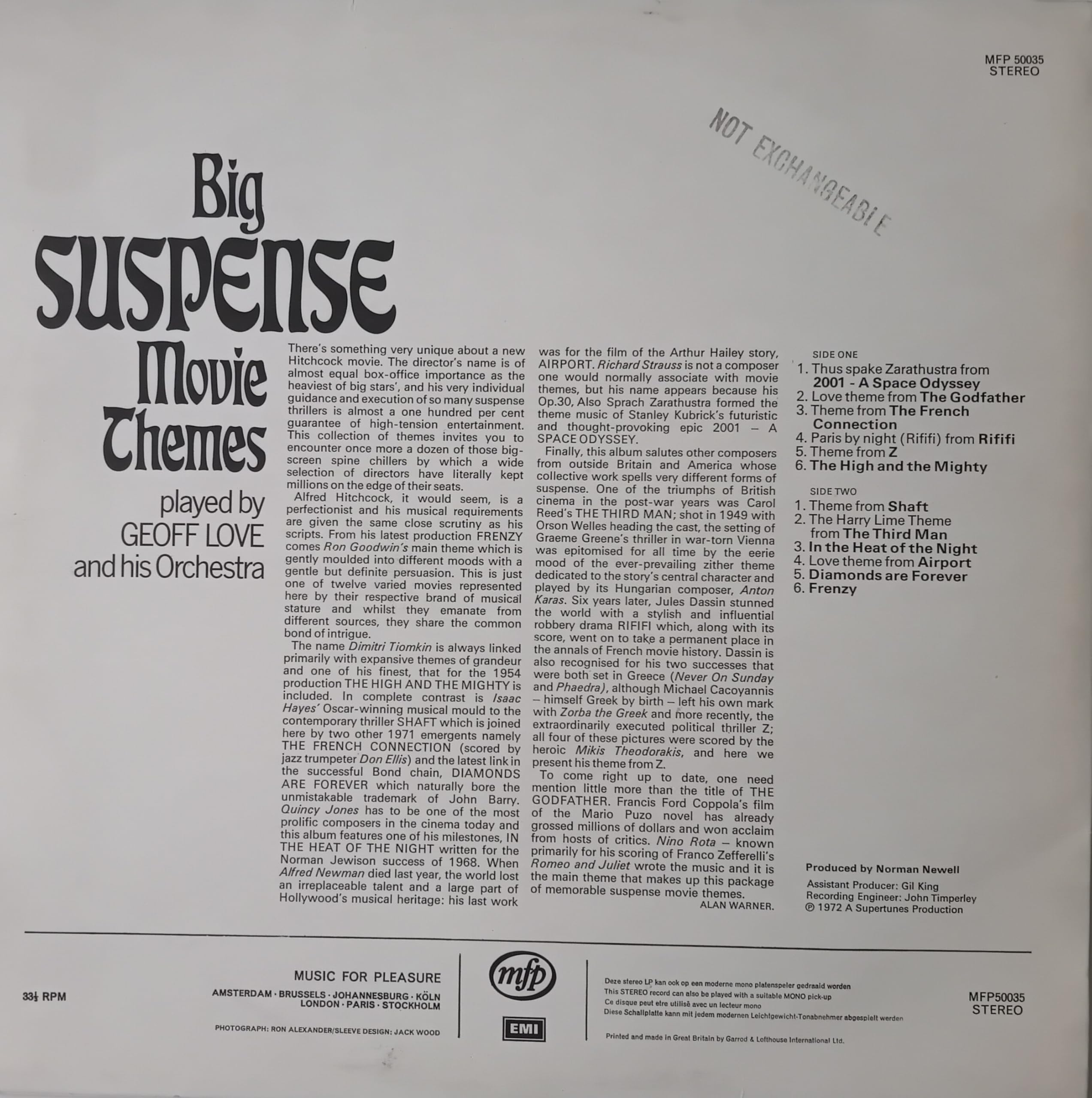 Geoff Love - Big Suspense Movie Themes (EMI 1972) 12" vinyl LP VG/VG