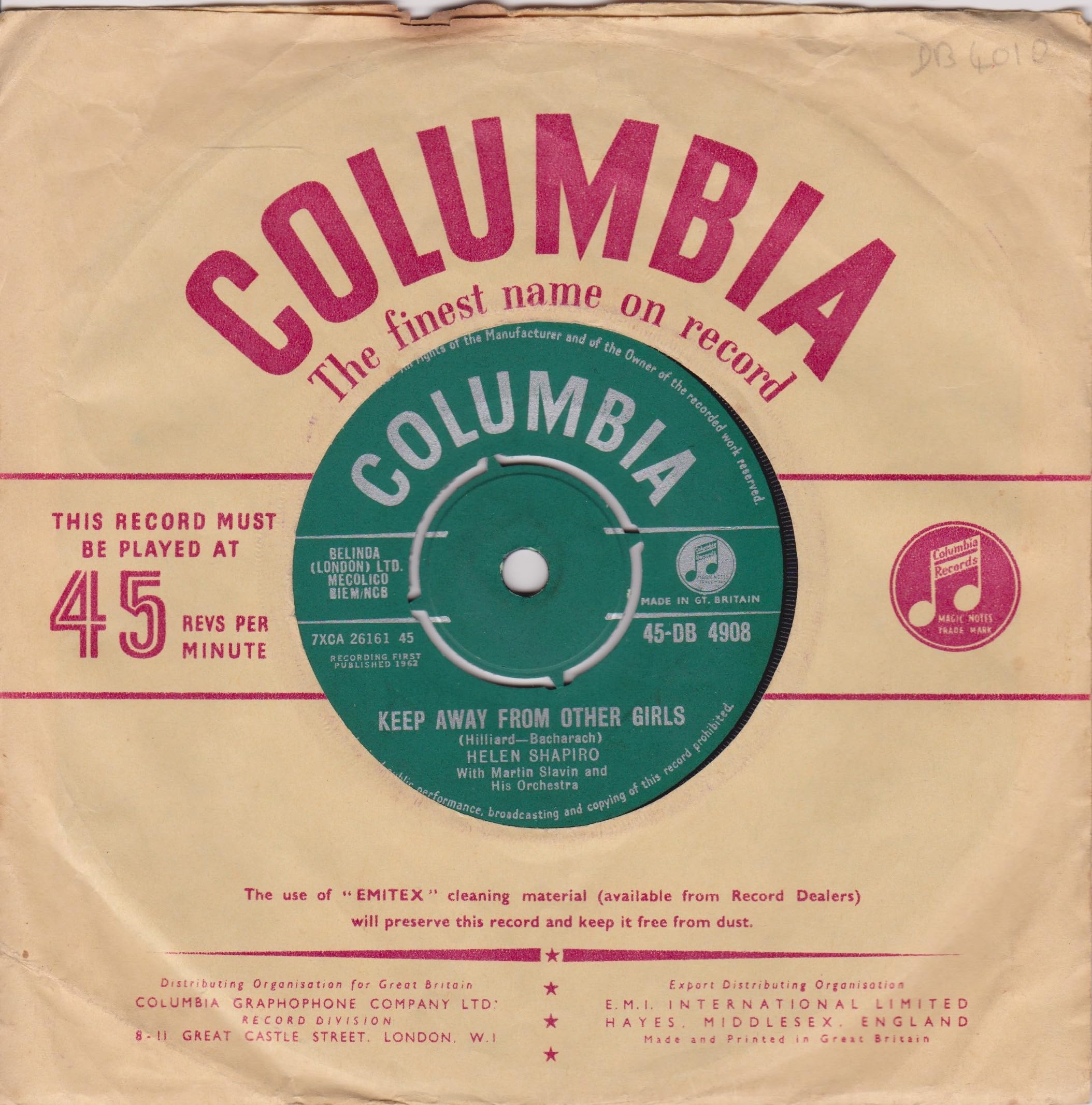 Helen Shapiro - Keep Away From Other Girls (Columbia 1962) 7" vinyl single VG/-