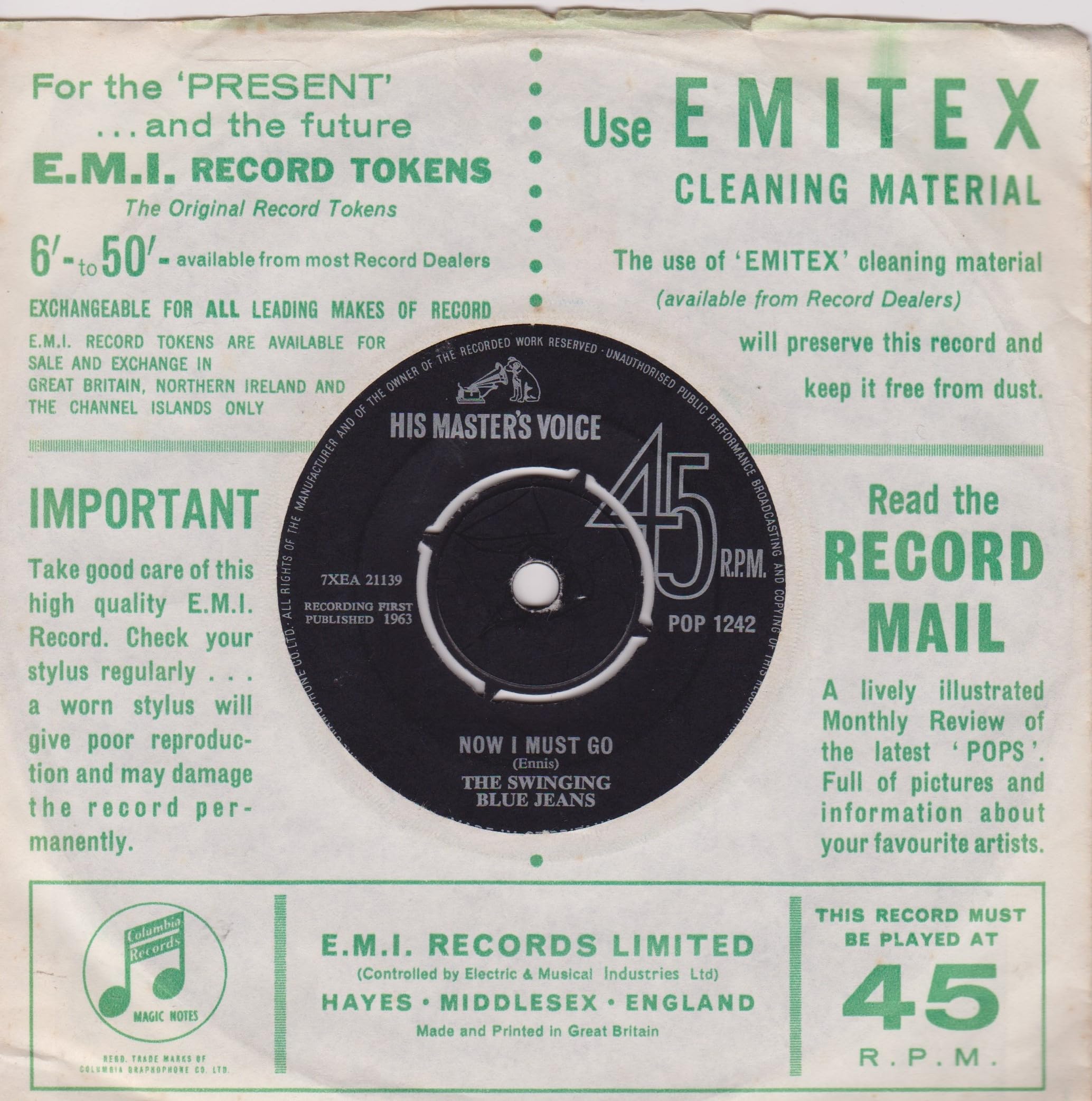 The Swinging Blue Jeans ‎– Hippy Hippy Shake (HMV 1963) 7" vinyl single VG/G+