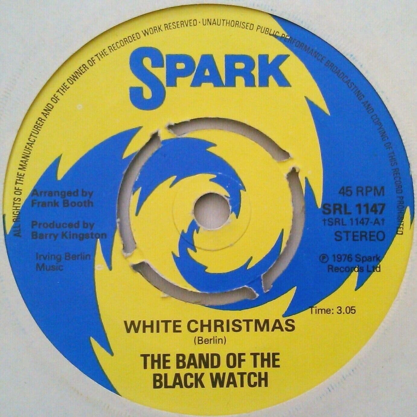 The Band of the Black Watch - White Christmas (Spark 1976) 7" vinyl single VG/-