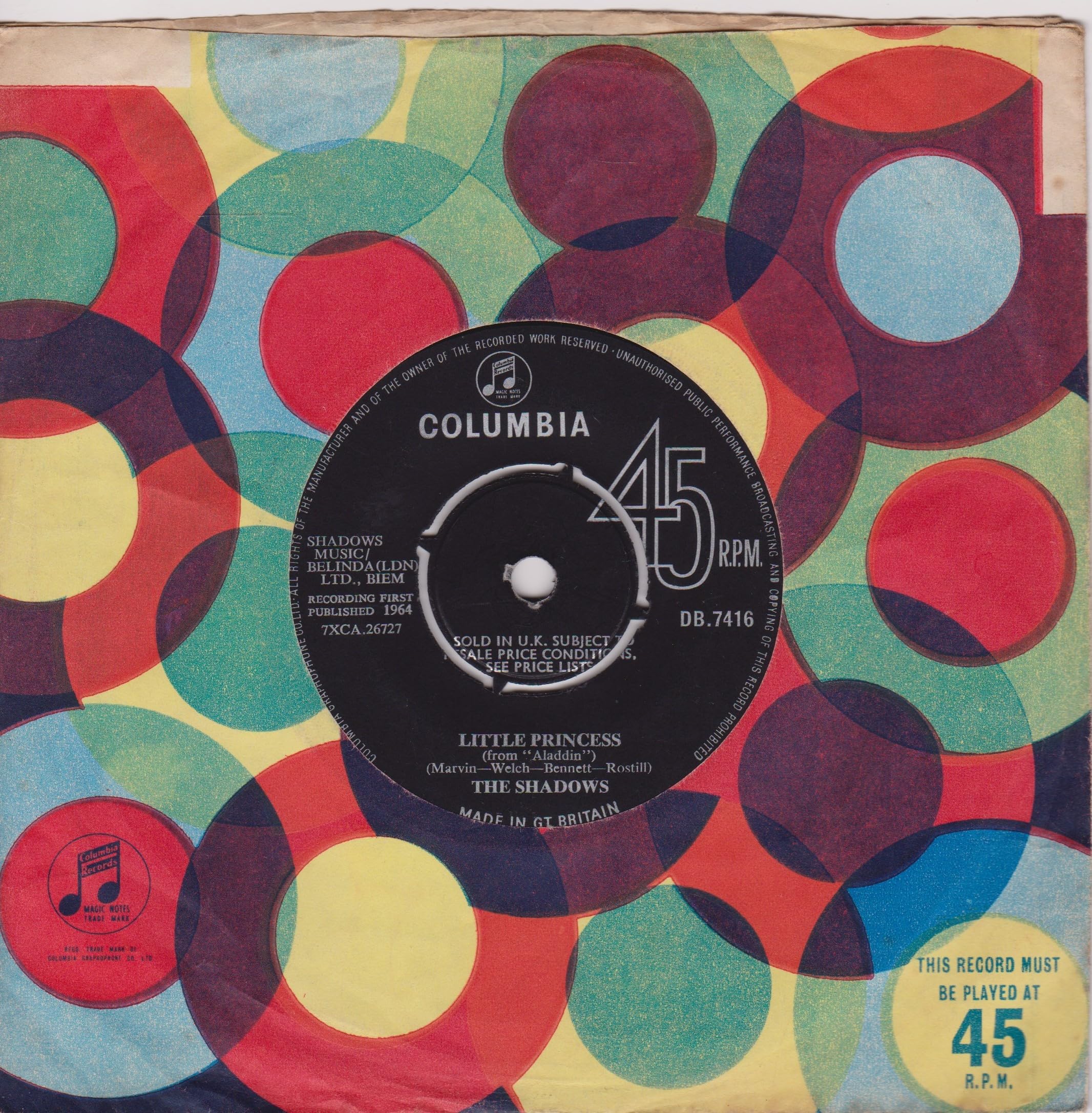 The Shadows ‎– Genie With The Light Brown Lamp (Columbia 1964) 7" vinyl single VG/-