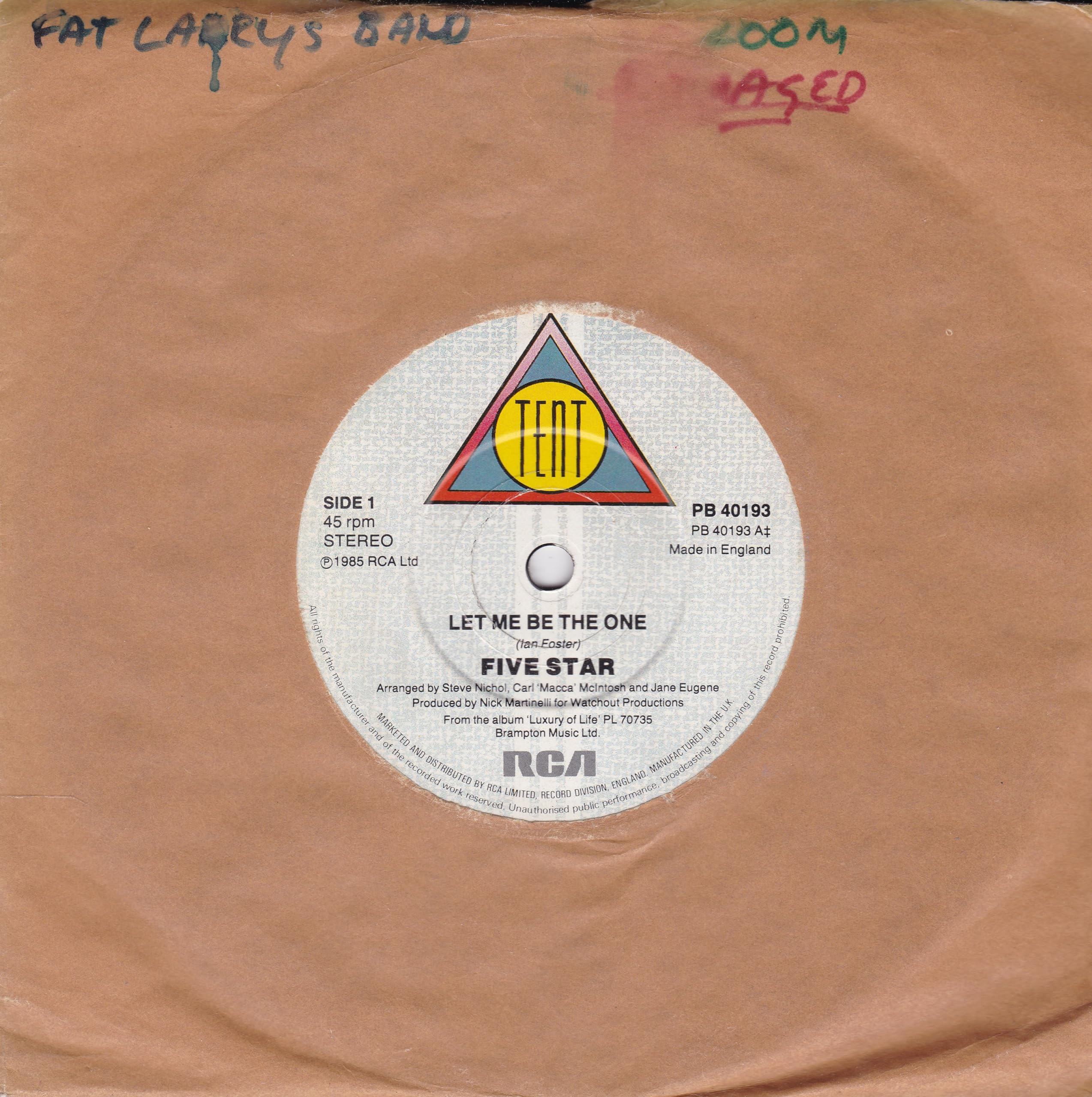 Five Star - Let Me Be The One (Tent 1985) 7" vinyl single VG/-