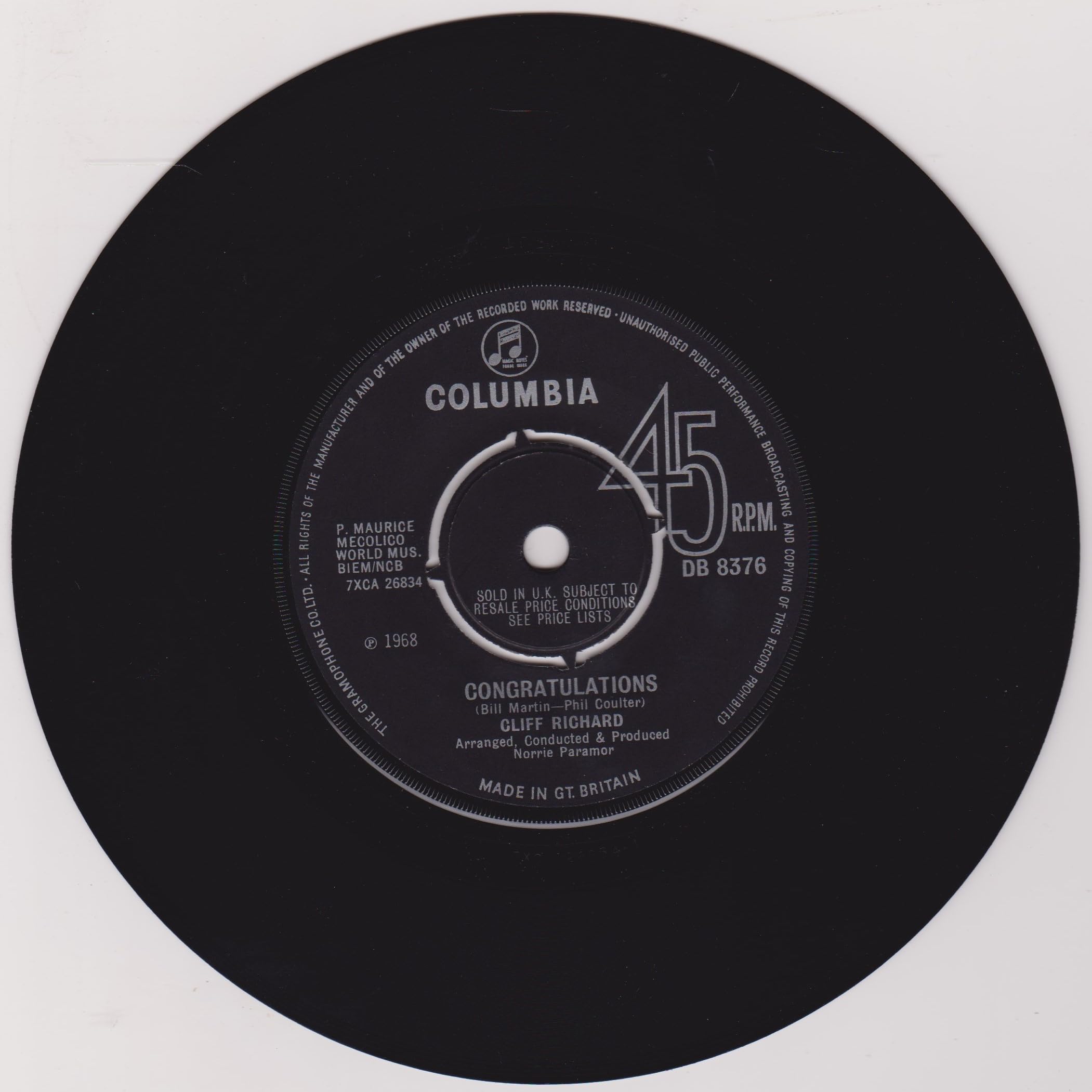 Cliff Richard - Congratulations (Columbia 1968) 7" vinyl single VG/VG