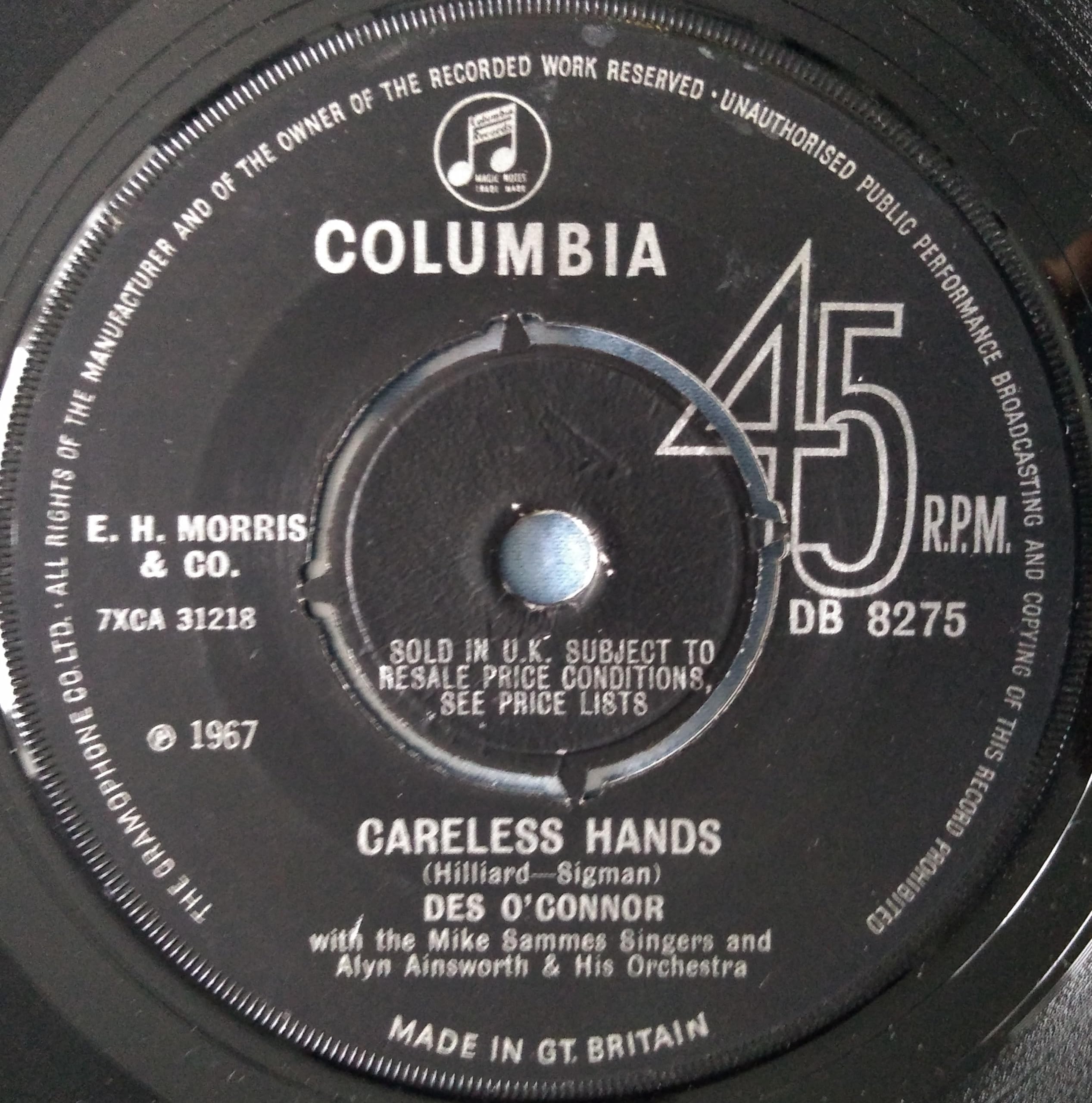 Des O'Connor - Careless Hands (Columbia 1967) 7" vinyl single VG/-