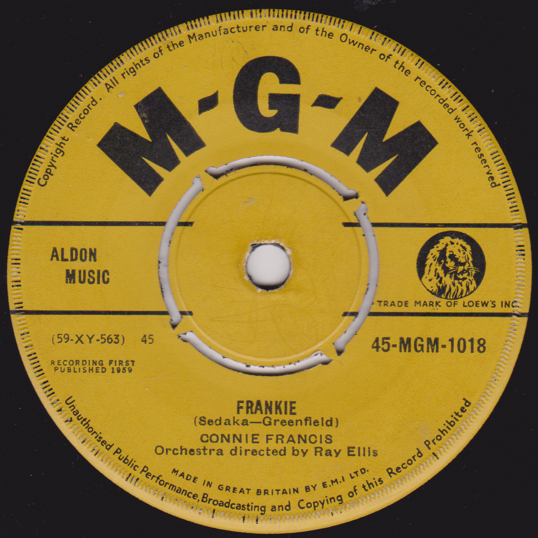 Connie Francis ‎– Lipstick On Your Collar (MGM 1959) 7" vinyl single VG/-