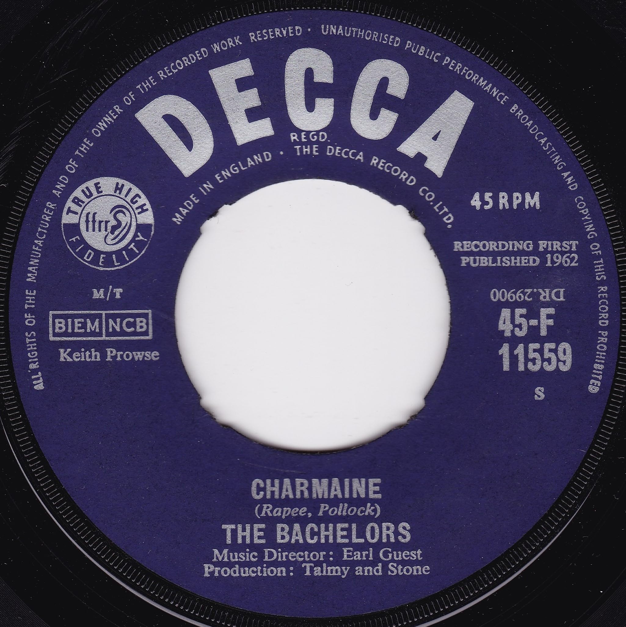 The Bachelors – Charmaine (Decca 1963) 7" vinyl single VG/- jukebox centre