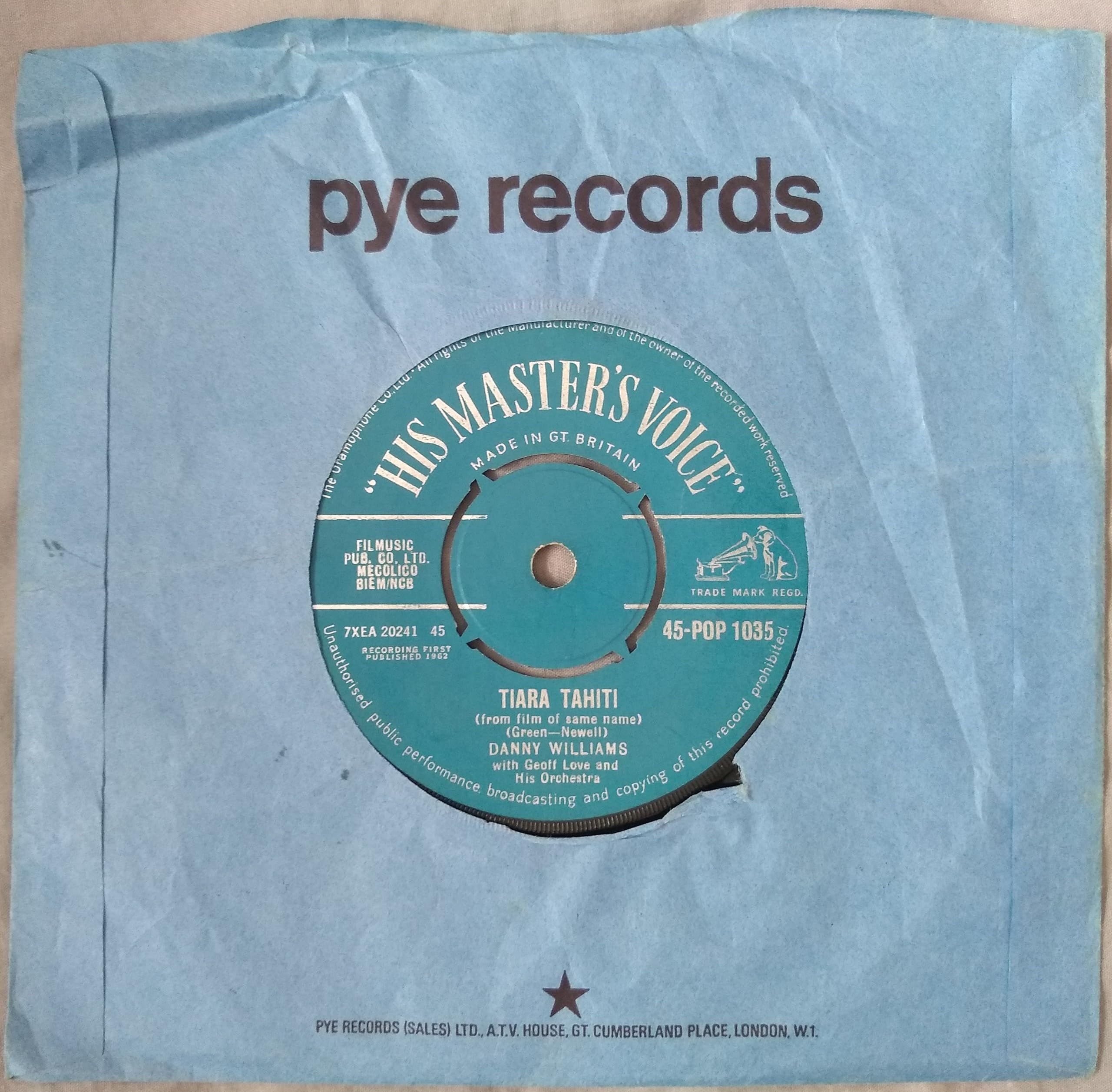 Danny Williams - Tears Vinyl (HMV 1962) 7" vinyl single VG/-