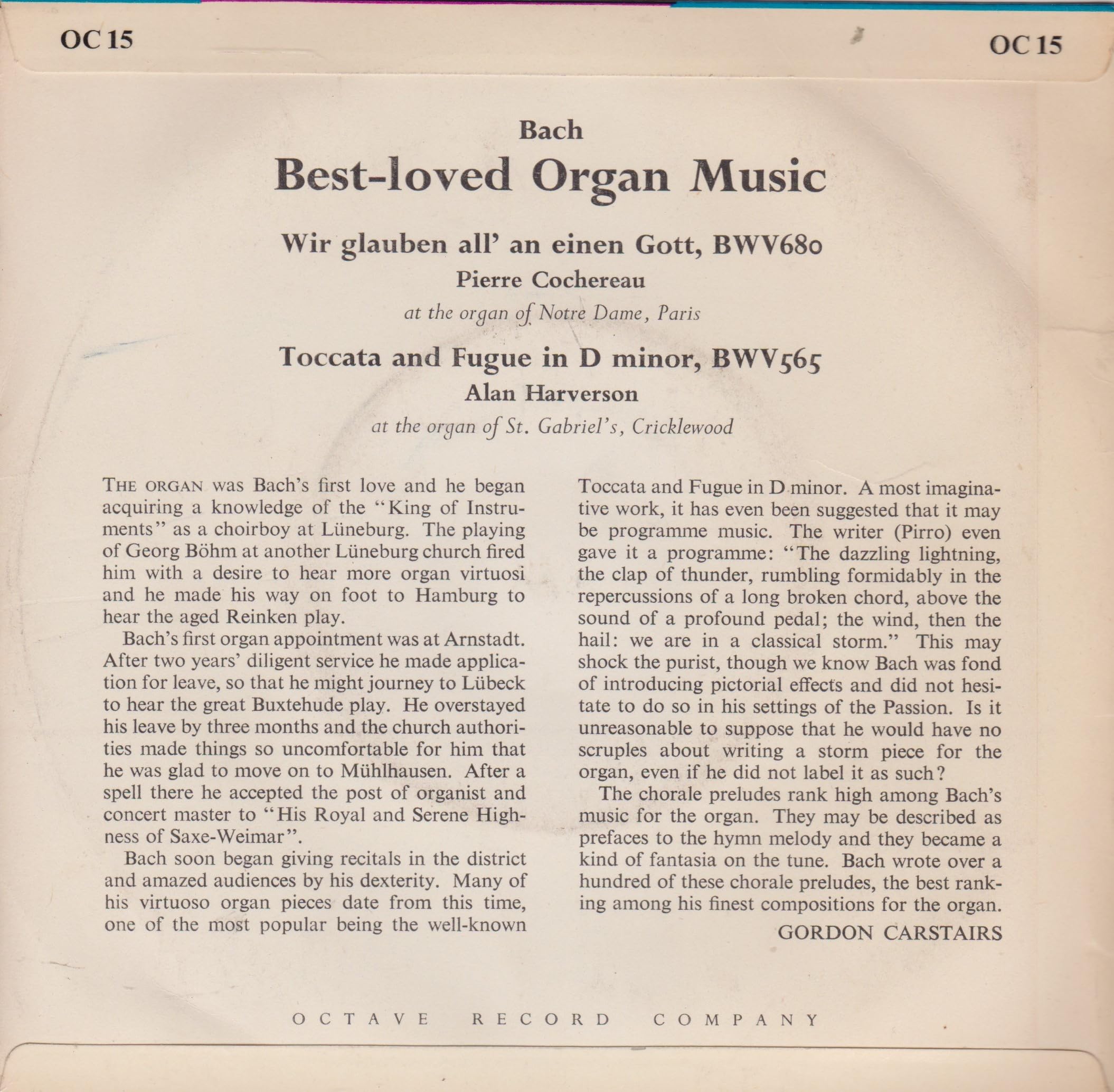 Bach, Pierre Cochereau, Alan Harverson ‎– Best Loved Organ Music (Octave 1963) 7" vinyl EP VG/VG