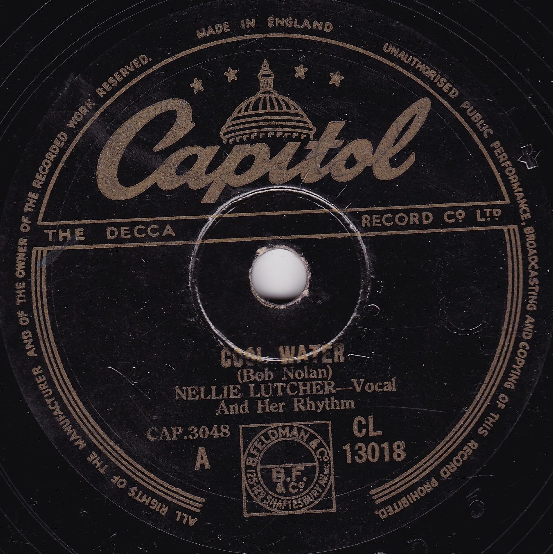 Nellie Lutcher And Her Rhythm – Cool Water (Capitol) 10" 78 RPM shellac single VG/-