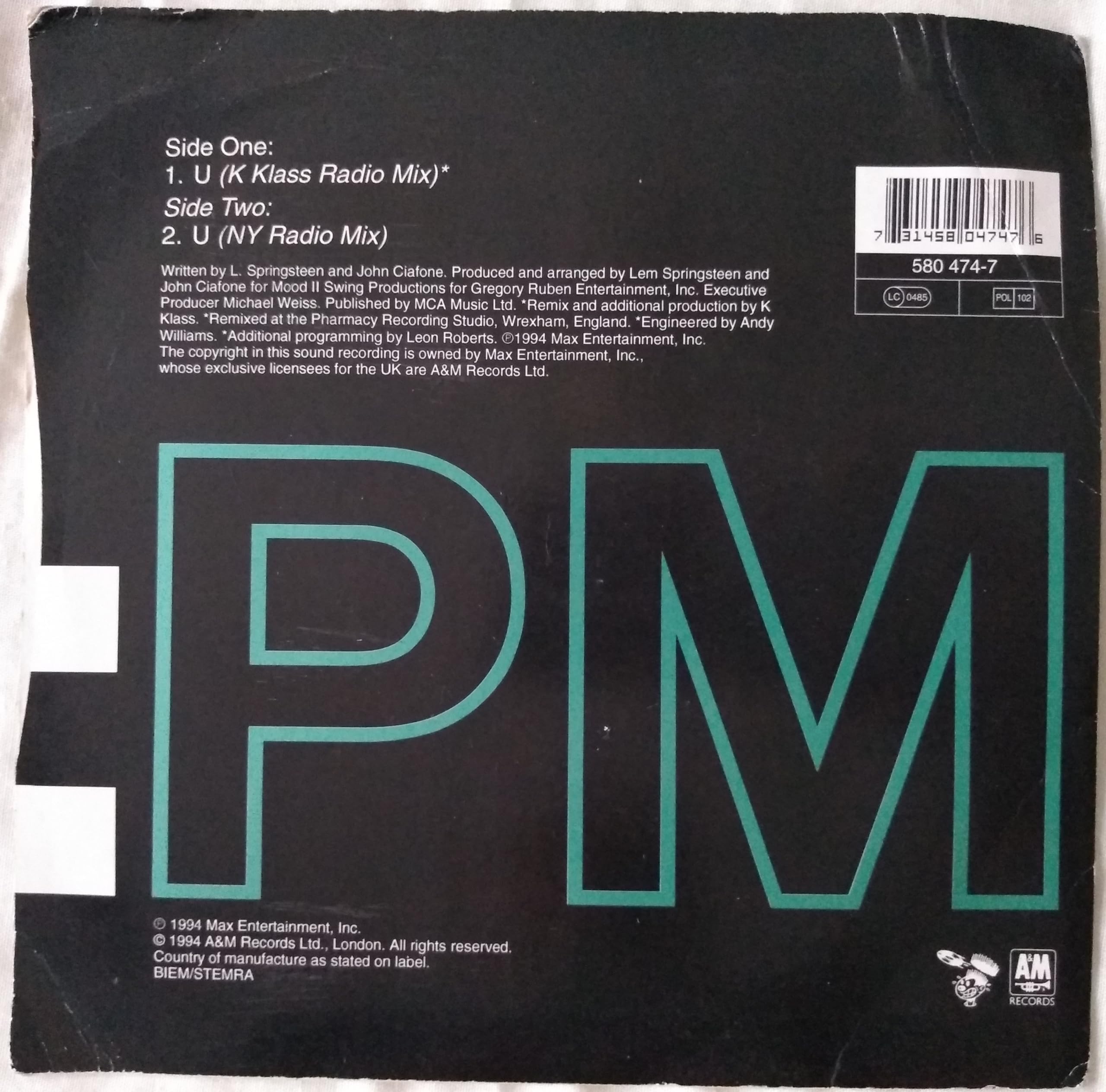 Loni Clark – U (K Klass Remix) (A&M 1994) 7" vinyl single VG/VG