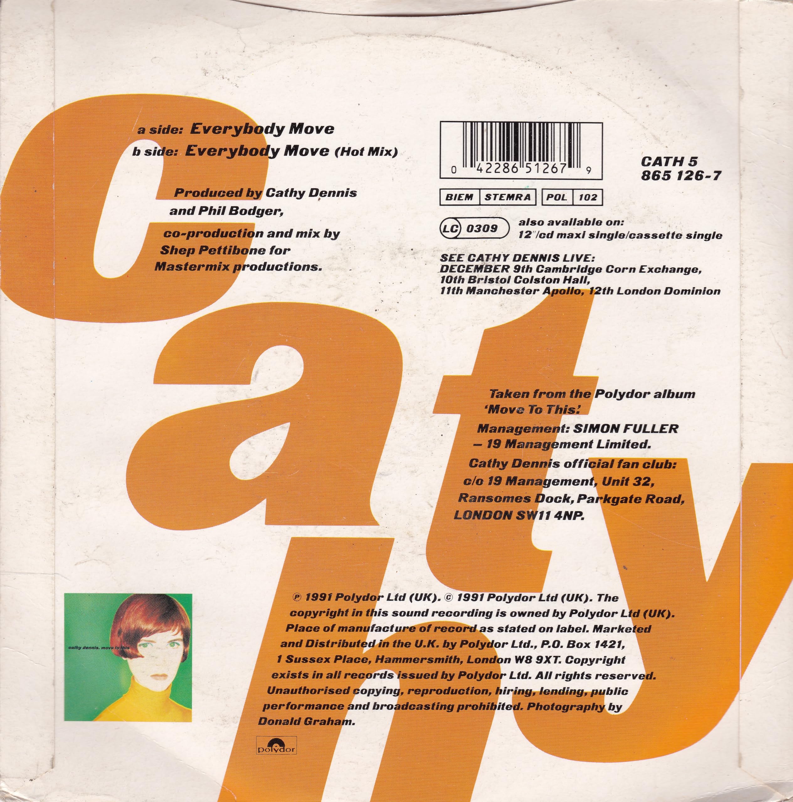 Cathy Dennis - Everybody Move (Polydor 1991) 7" vinyl single VG/VG