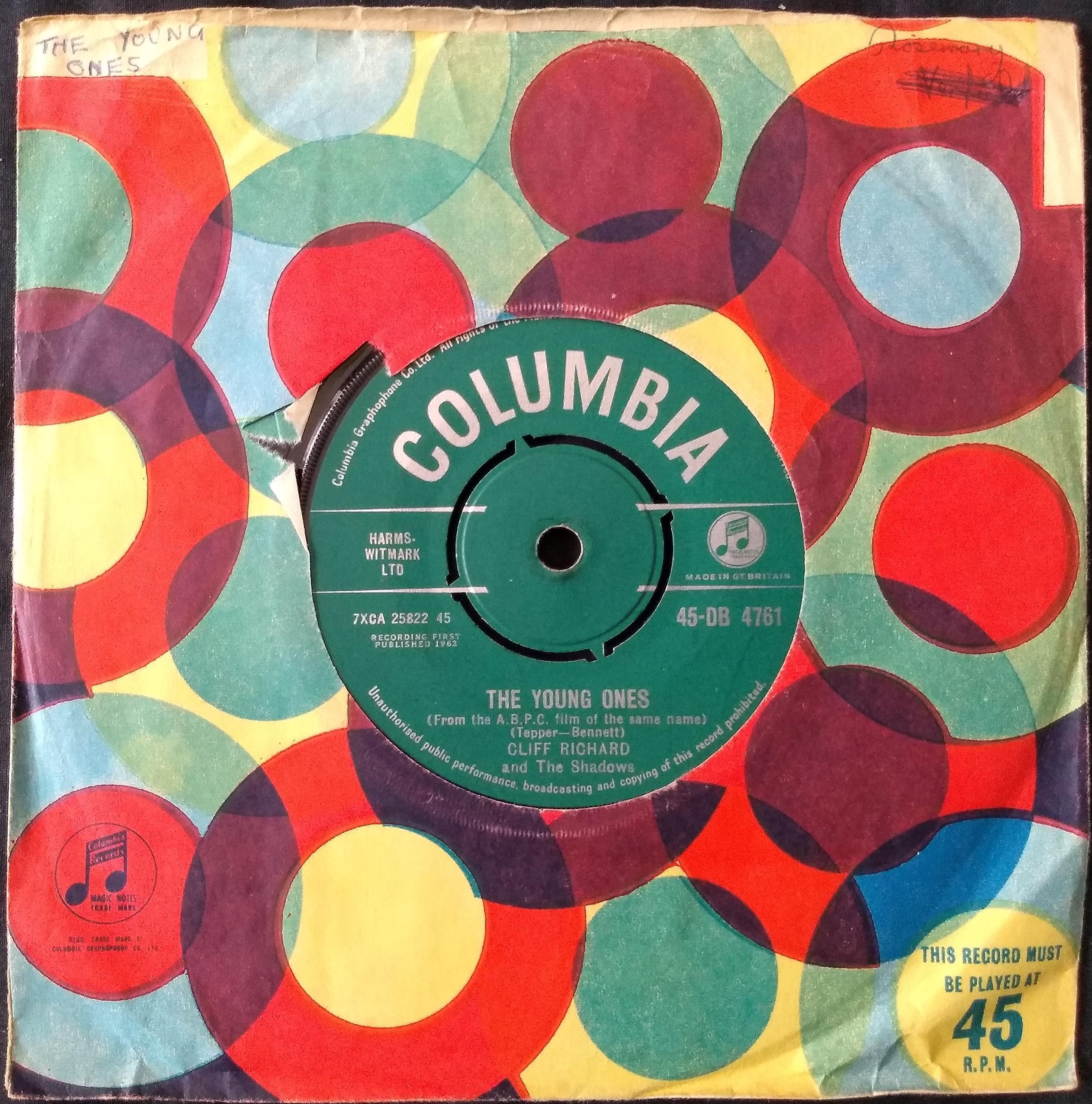Cliff Richard and The Shadows – The Young Ones (Columbia 1962) 7" vinyl single VG/VG