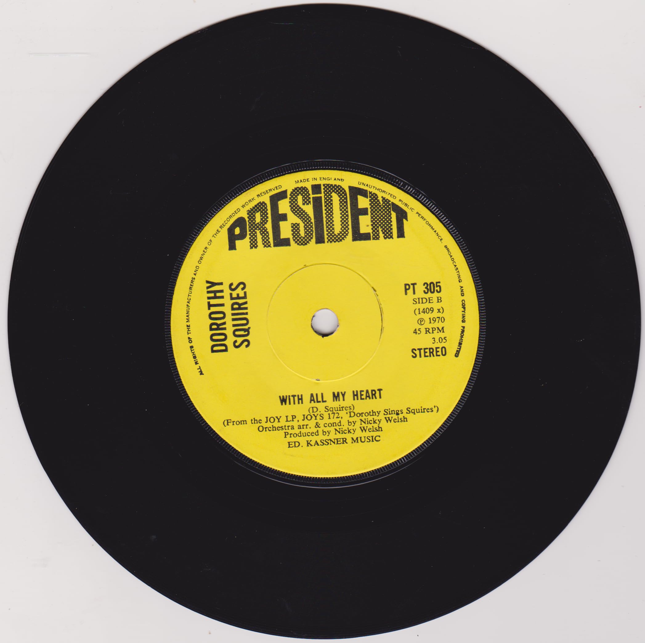 Dorothy Squires – My Way (President 1970) 7" vinyl single VG/-