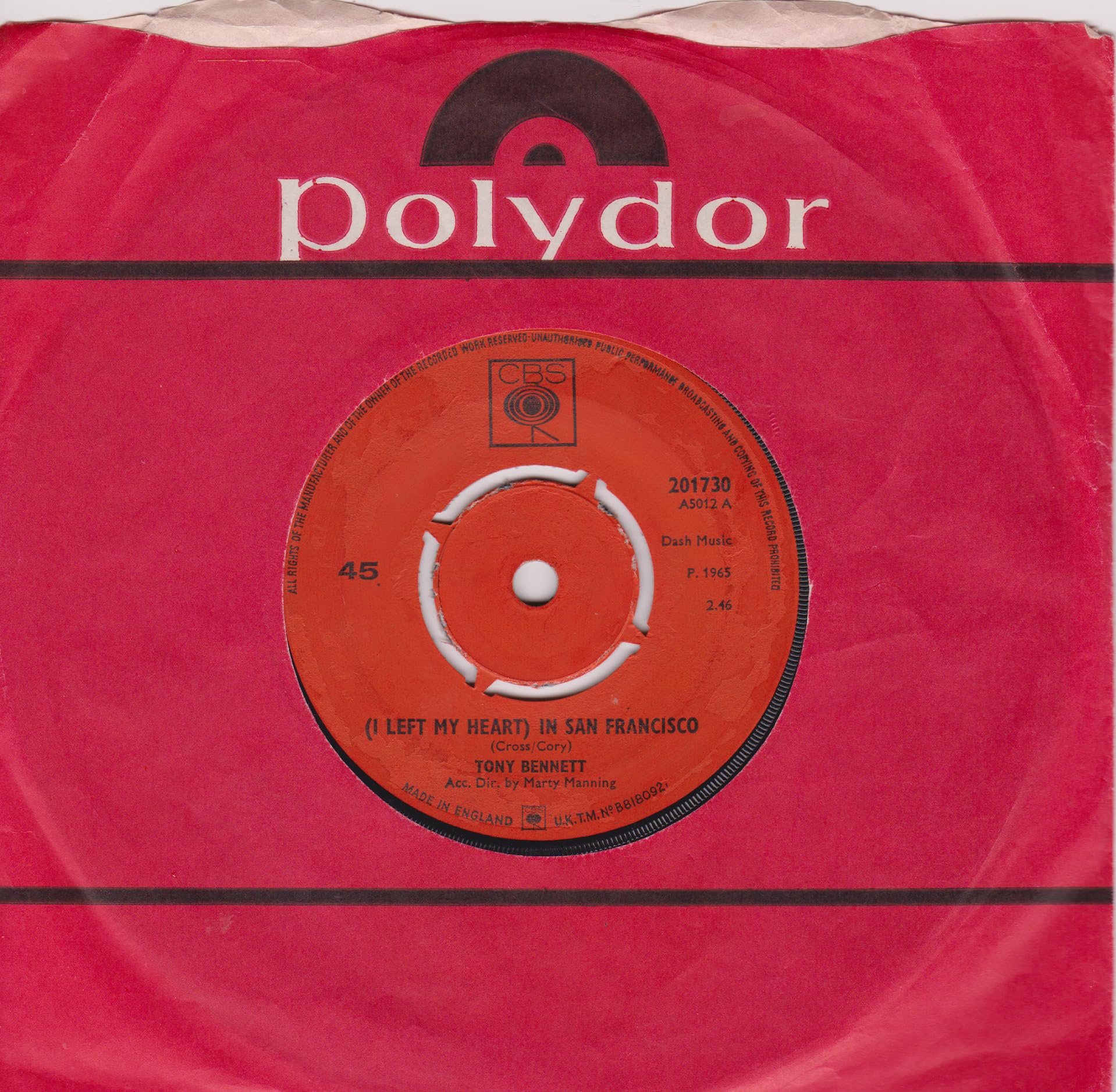 Tony Bennett – (I Left My Heart) In San Francisco (CBS 1965) 7" vinyl single VG/-