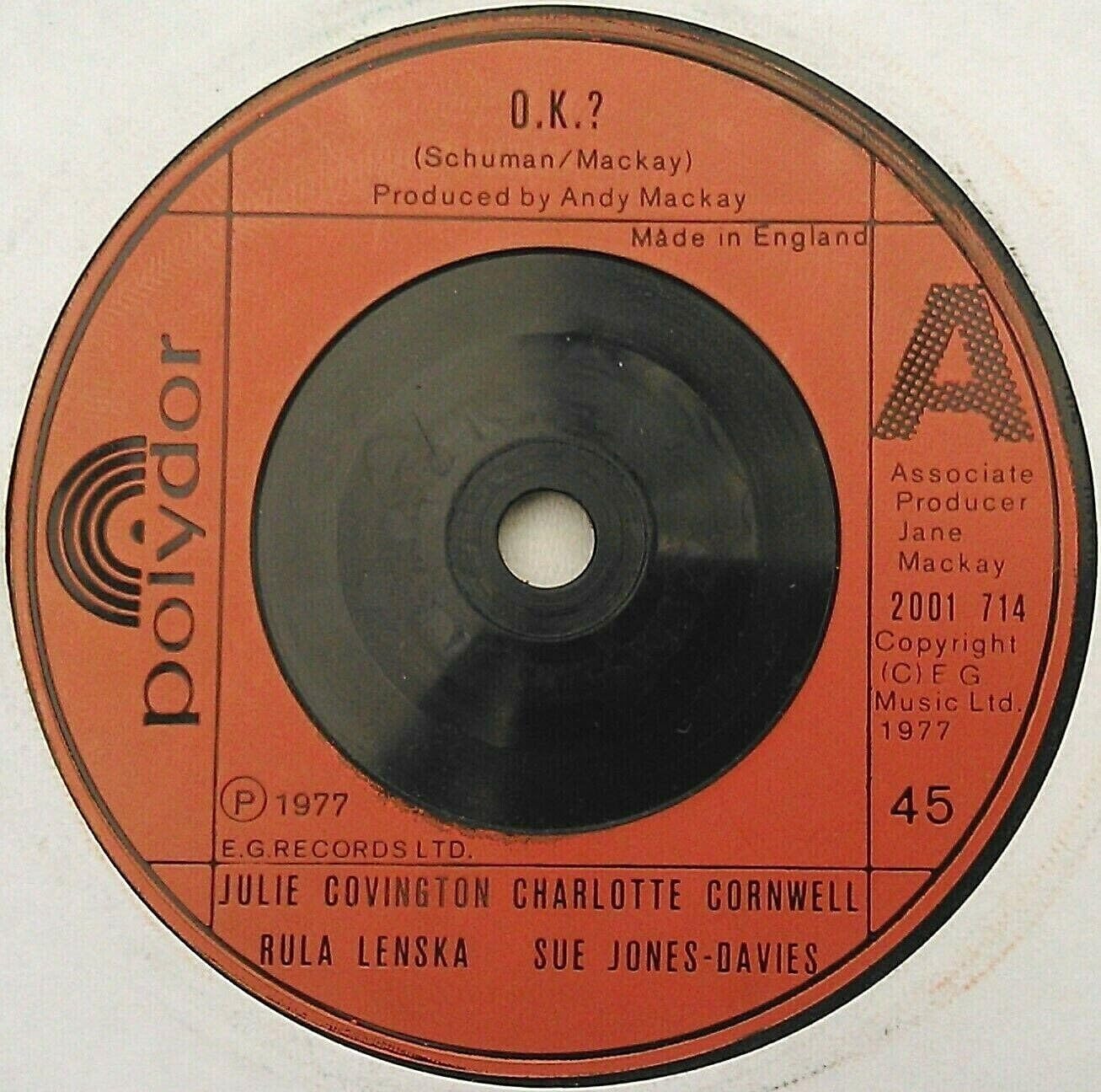 Julie Covington, Charlotte Cornwell. Rula Lenska. Sue Jones-Davies, Charlotte Cornwell - O.K.? (Polydor 1977) 7" vinyl single VG/-