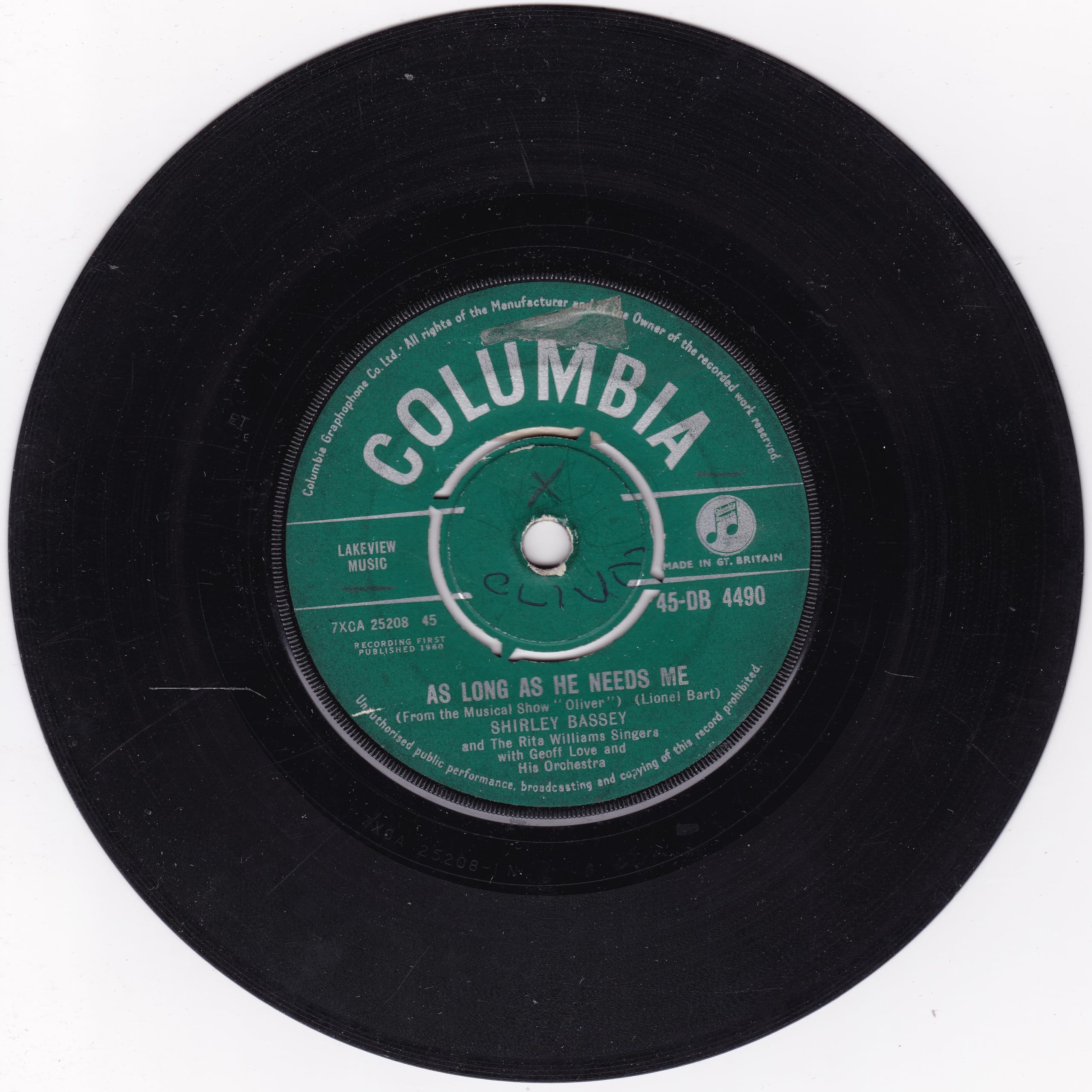 Shirley Bassey With The Rita Williams Singers And Geoff Love & His Orchestra ‎– As Long As He Needs Me (Columbia 1960) 7" vinyl single VG/-