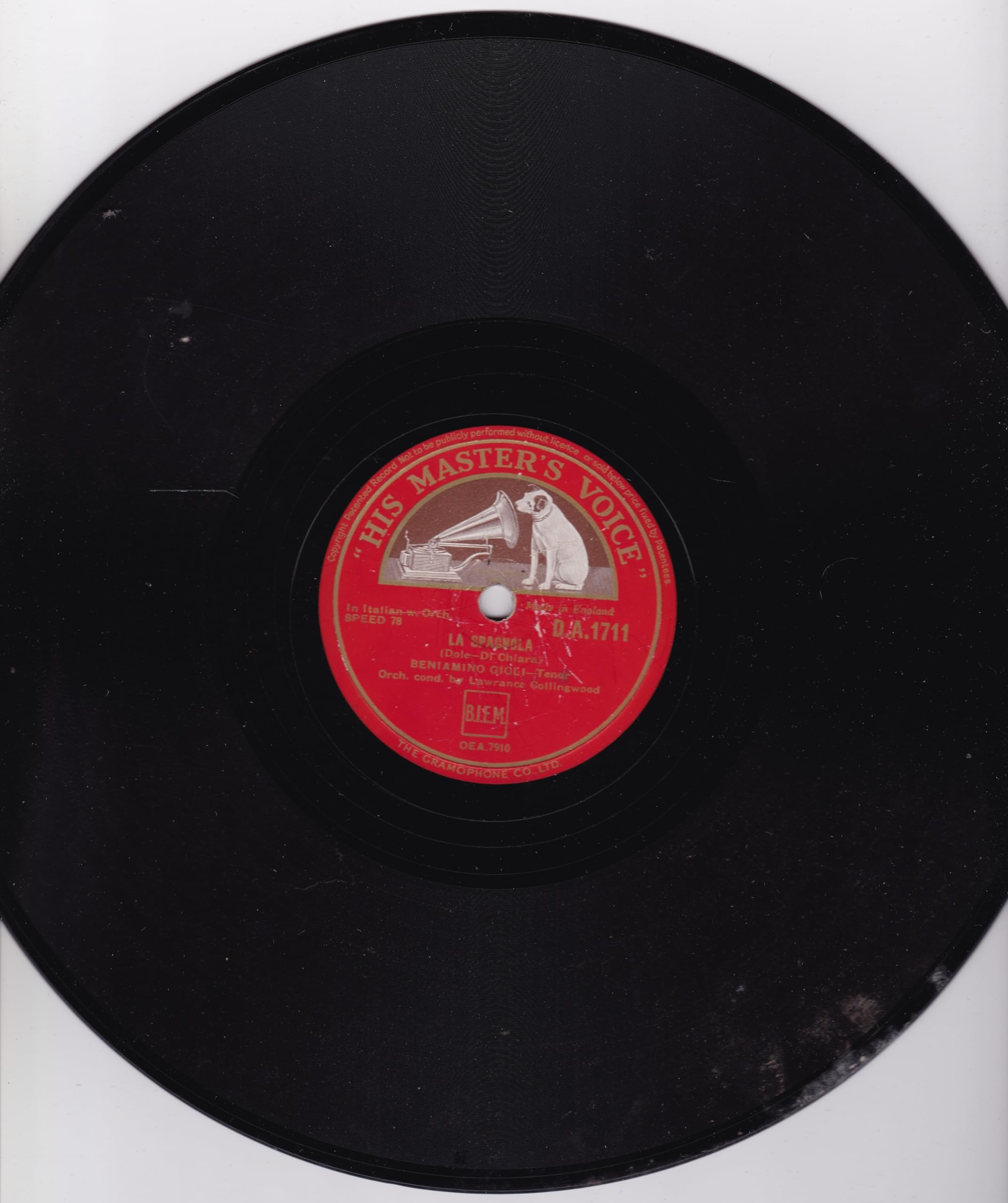 Beniamino Gigli ‎– La Paloma (HMV 1939) 10" 78RPM shellac single VG/P