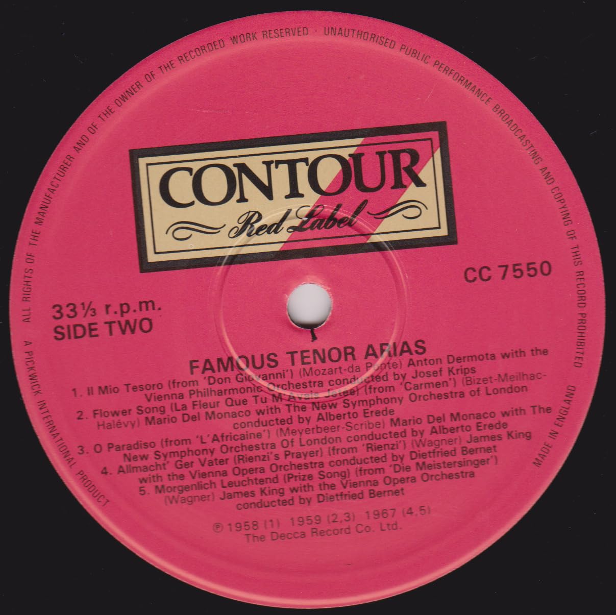 Various - Famous Tenor Arias (Contour 1981) 12" vinyl LP VG/VG