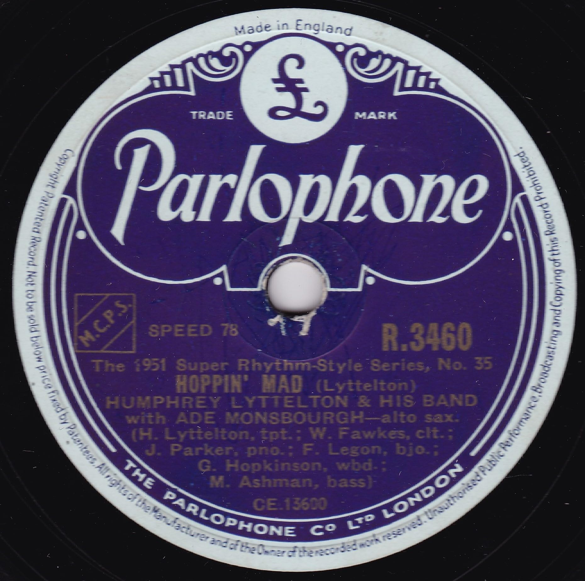 Humphrey Lyttelton & His Band – Hoppin' Mad (Parlophone 1951) 10" 78RPM shellac single VG/-