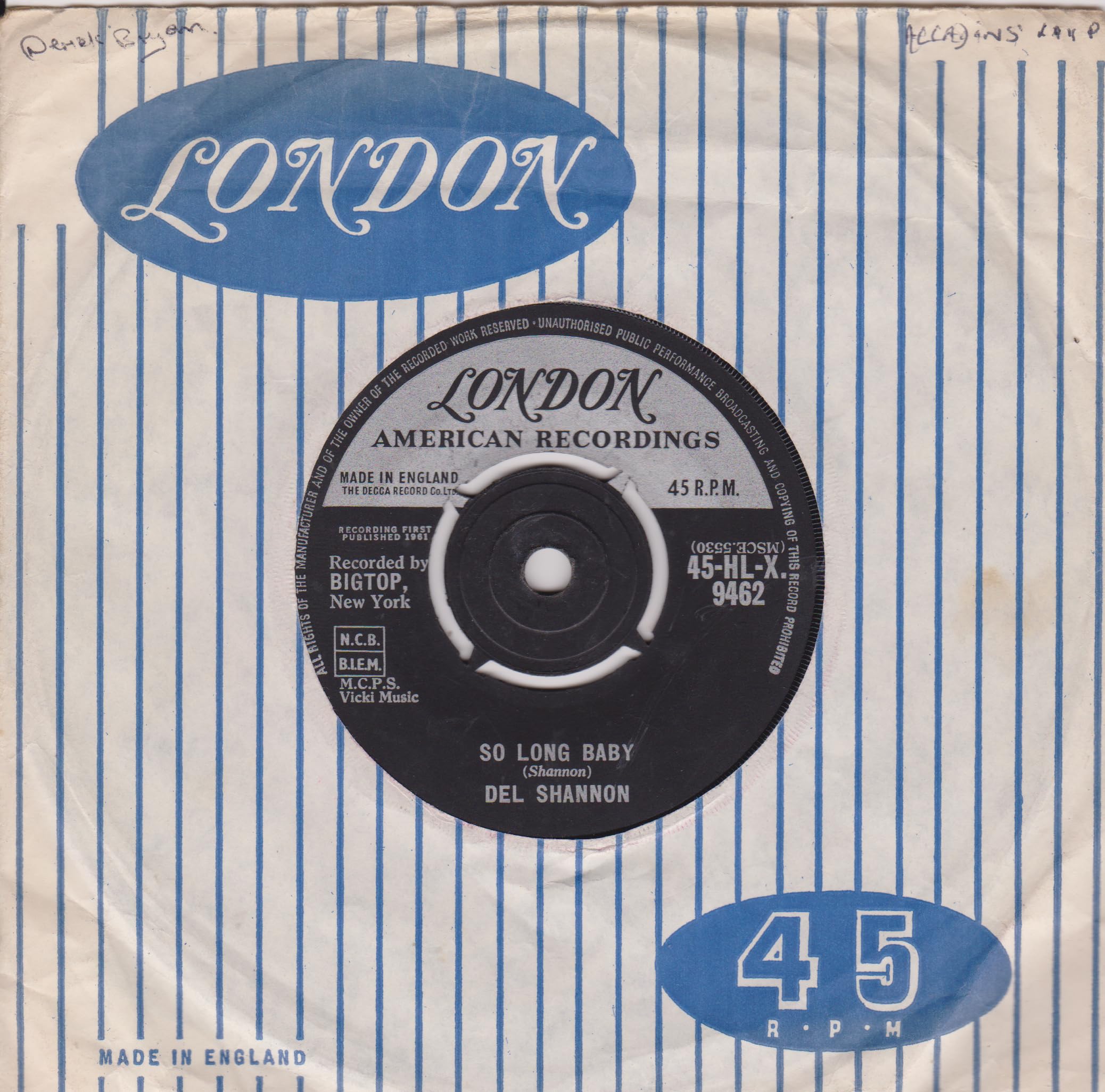 Del Shannon – So Long Baby (London 1961) 7" vinyl single VG/VG