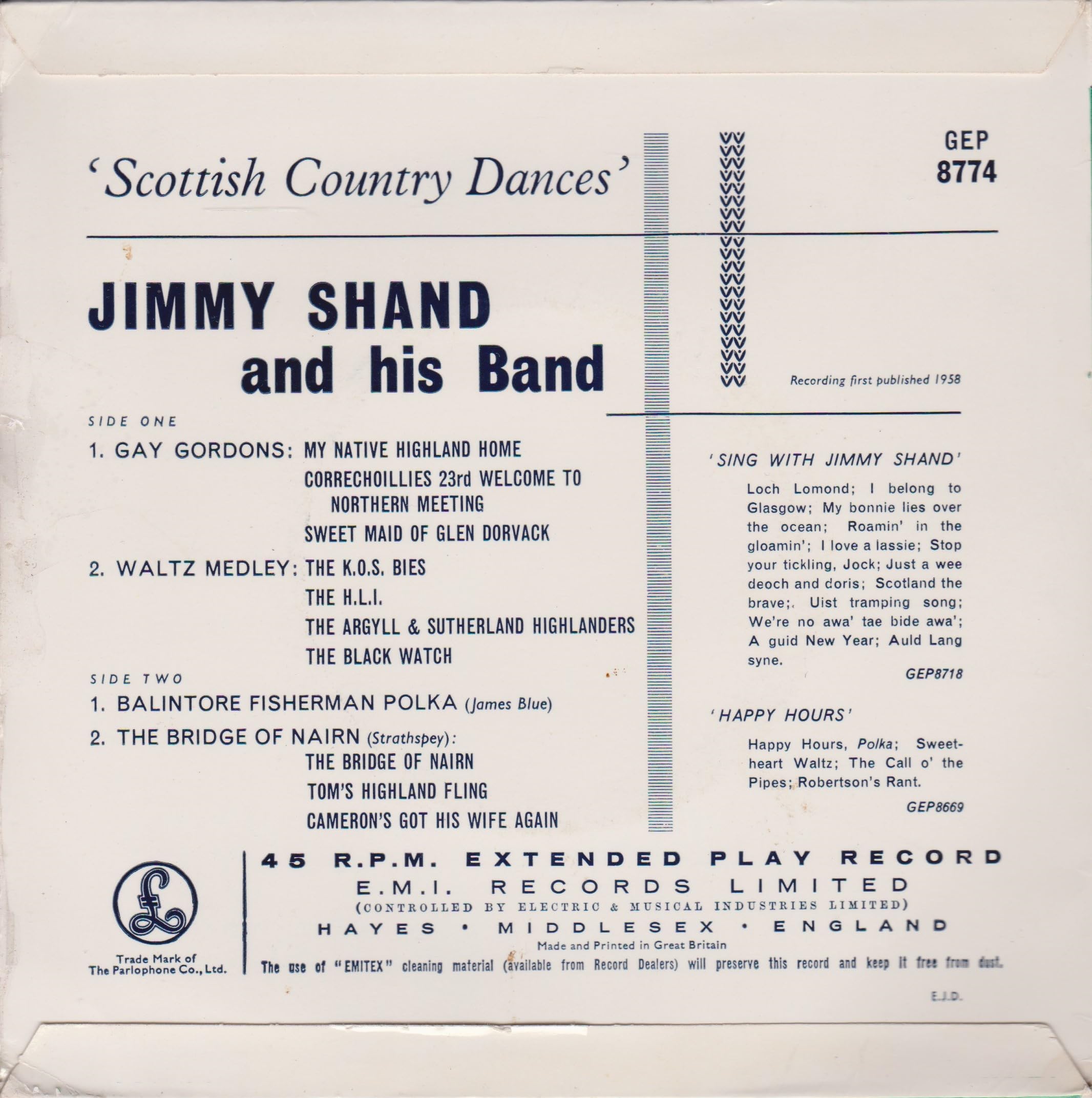 Jimmy Shand And His Band ‎– Scottish Country Dances (Parlophone 1958) 7" vinyl EP VG/VG