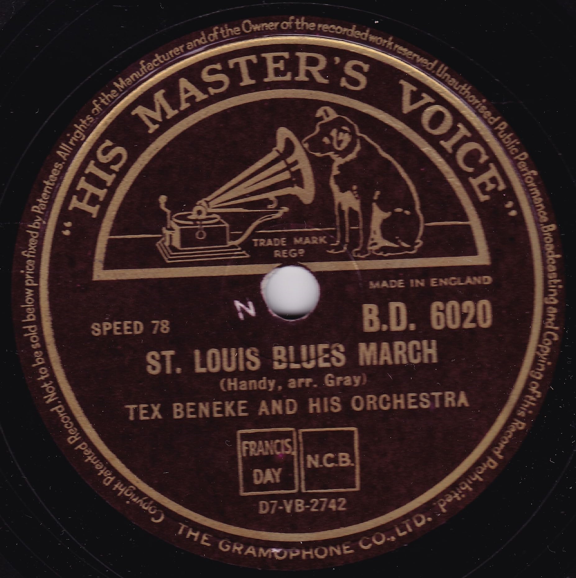 Tex Beneke And His Orchestra – St. Louis Blues March (HMV 1948) 10" 78RPM shellac single VG/-
