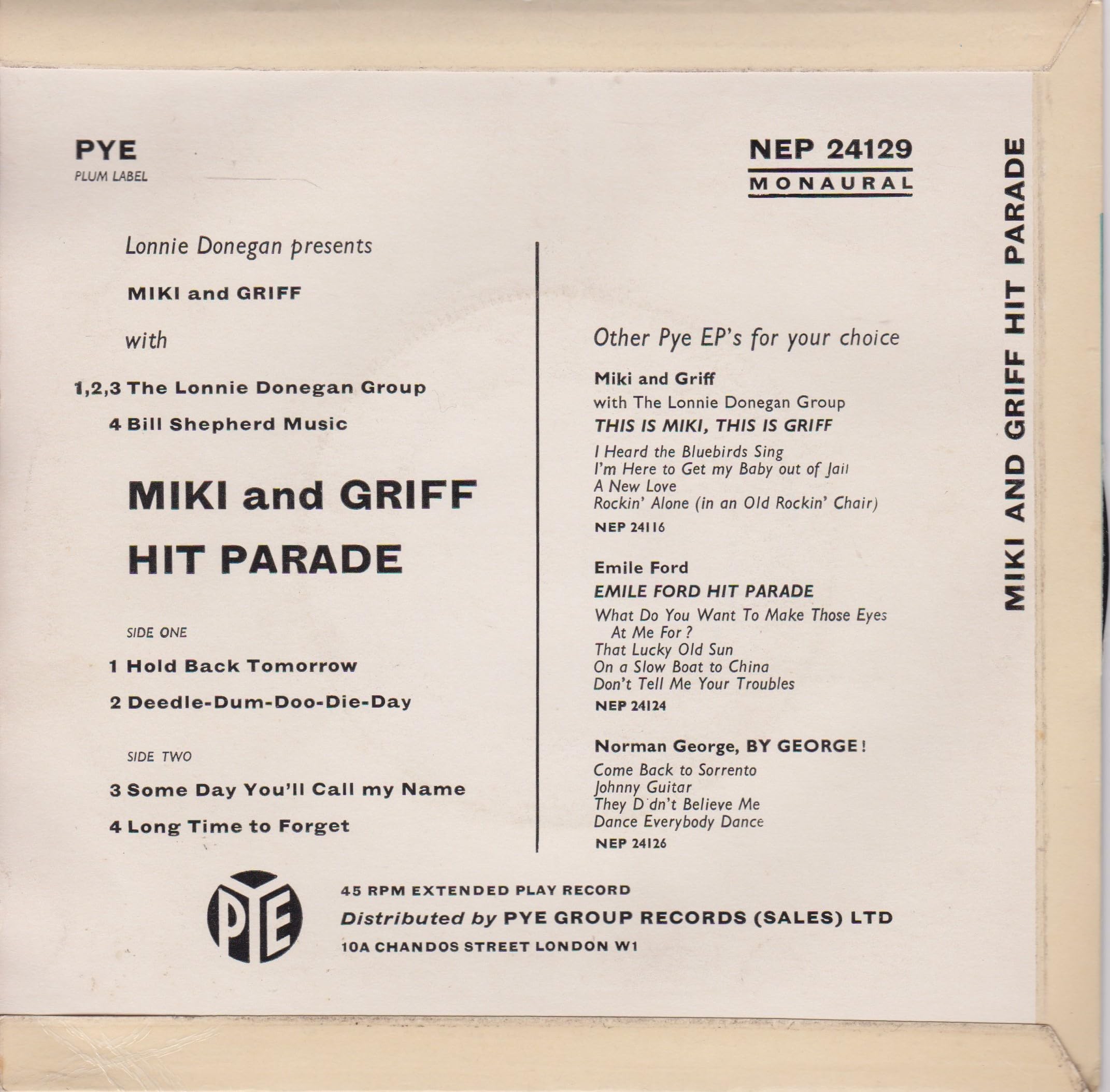 Miki And Griff* With The Lonnie Donegan Group ‎– Hit Parade (Pye 1959) 7" vinyl EP VG/VG