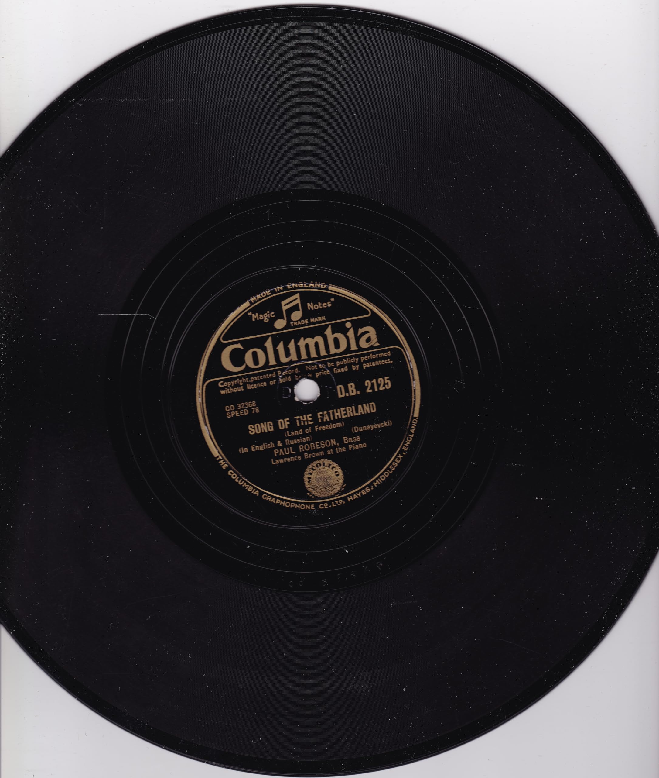Paul Robeson ‎– Song Of The Fatherland (Columbia) 10" 78RPM shellac single VG/-