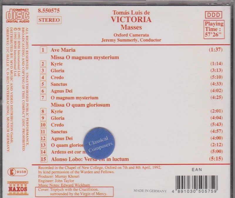 Victoria, Lobo, Oxford Camerata, Jeremy Summerly ‎– Masses (1992) CD album