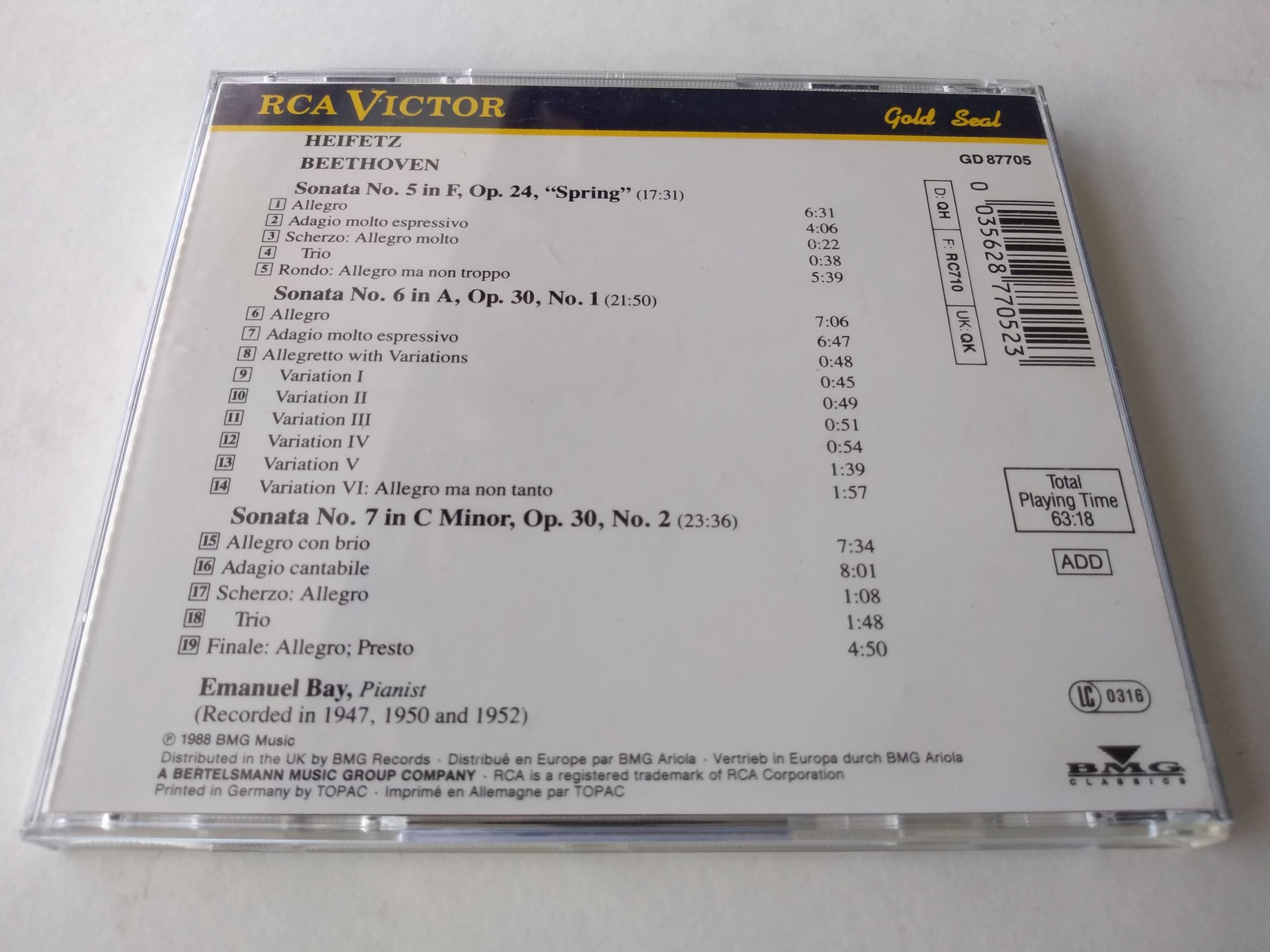Heifetz, Beethoven - Complete Violin Sonatas No. 5, 6, 7 Volume 2 (1988) CD album