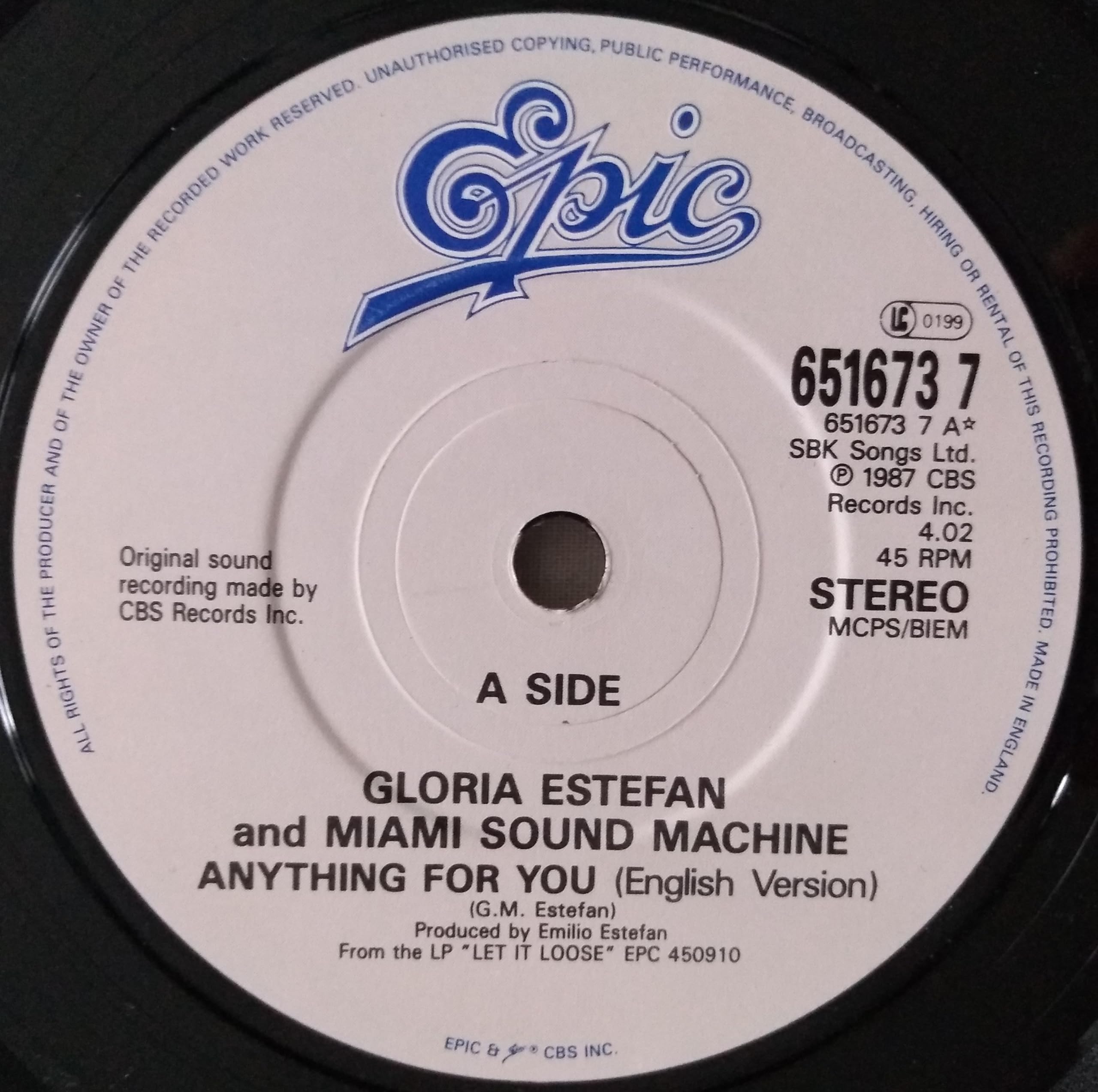 Gloria Estefan and Miami Sound Machine – Anything For You (Epic 1988) 7" vinyl single VG/-