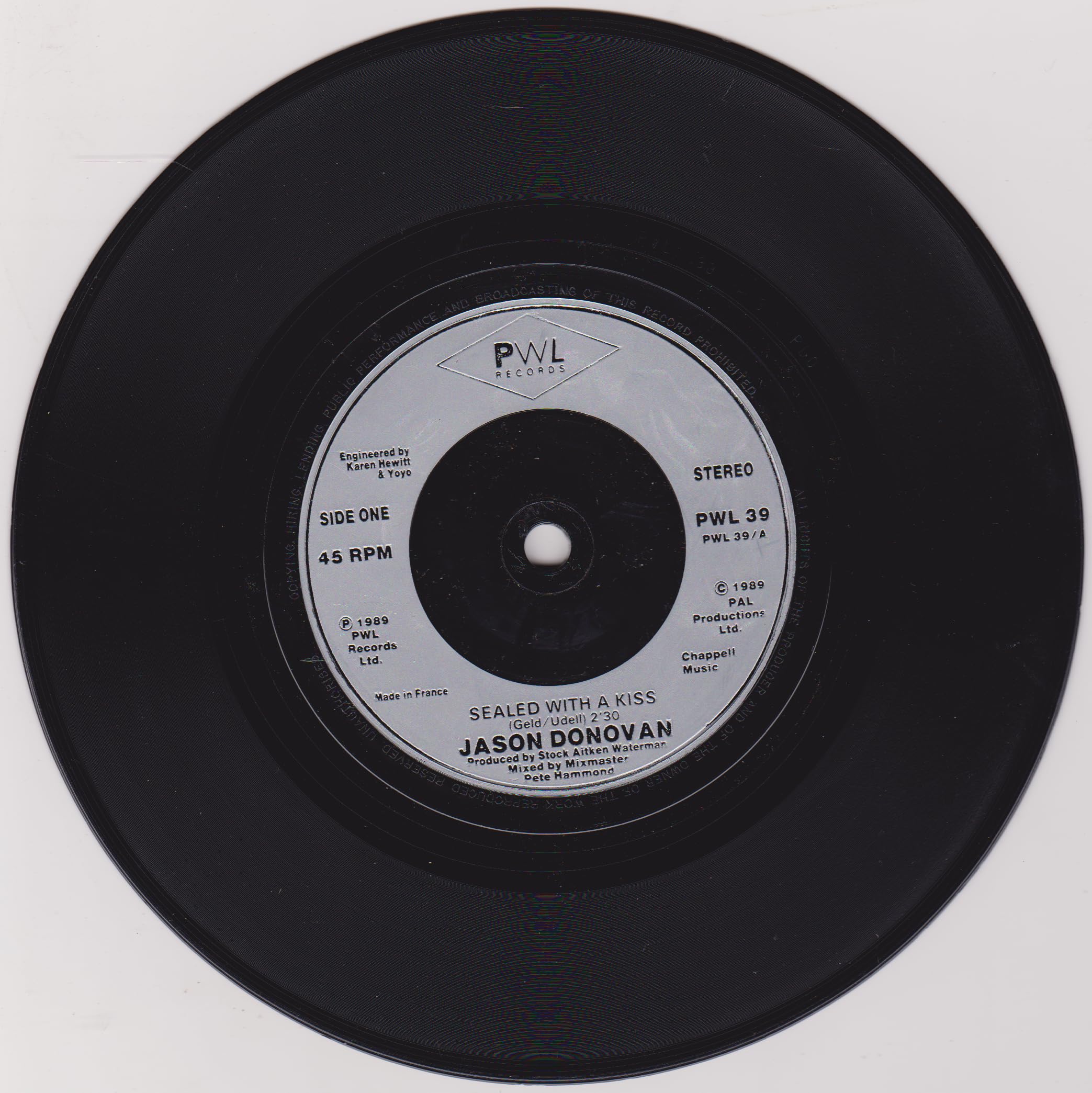 Jason Donovan ‎– Sealed With A Kiss (PWL 1989) 7" vinyl P/S single VG/G+