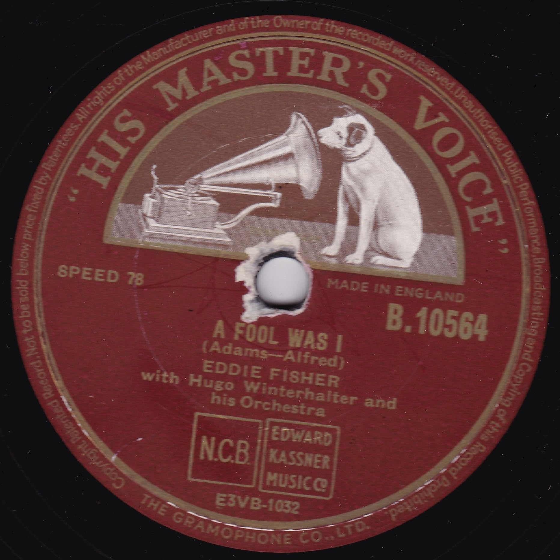 Eddie Fisher ‎– A Fool Was I (HMV 1953) 10" 78RPM shellac single VG/-