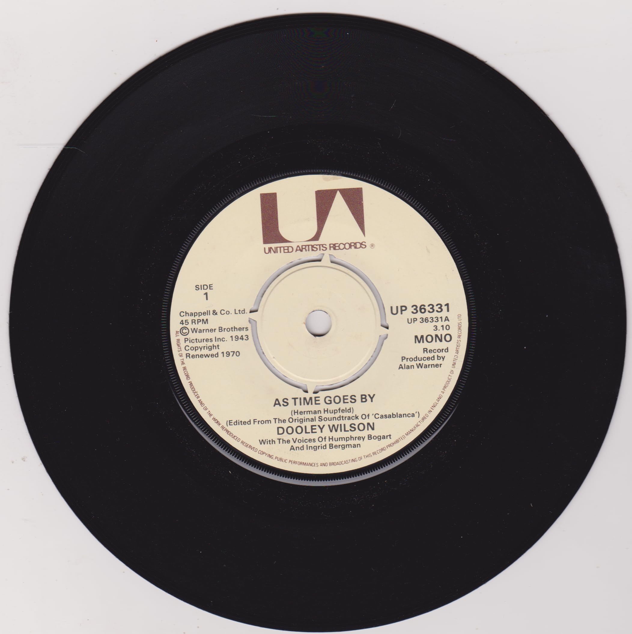 Dooley Wilson With The Voices Of Humphrey Bogart And Ingrid Bergman - As Time Goes By (UA 1977) 7" vinyl single VG/-