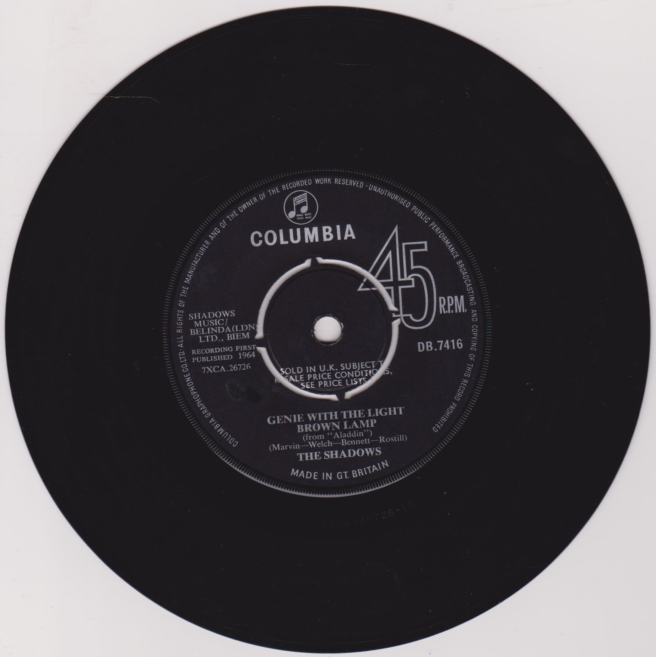The Shadows ‎– Genie With The Light Brown Lamp (Columbia 1964) 7" vinyl single VG/-
