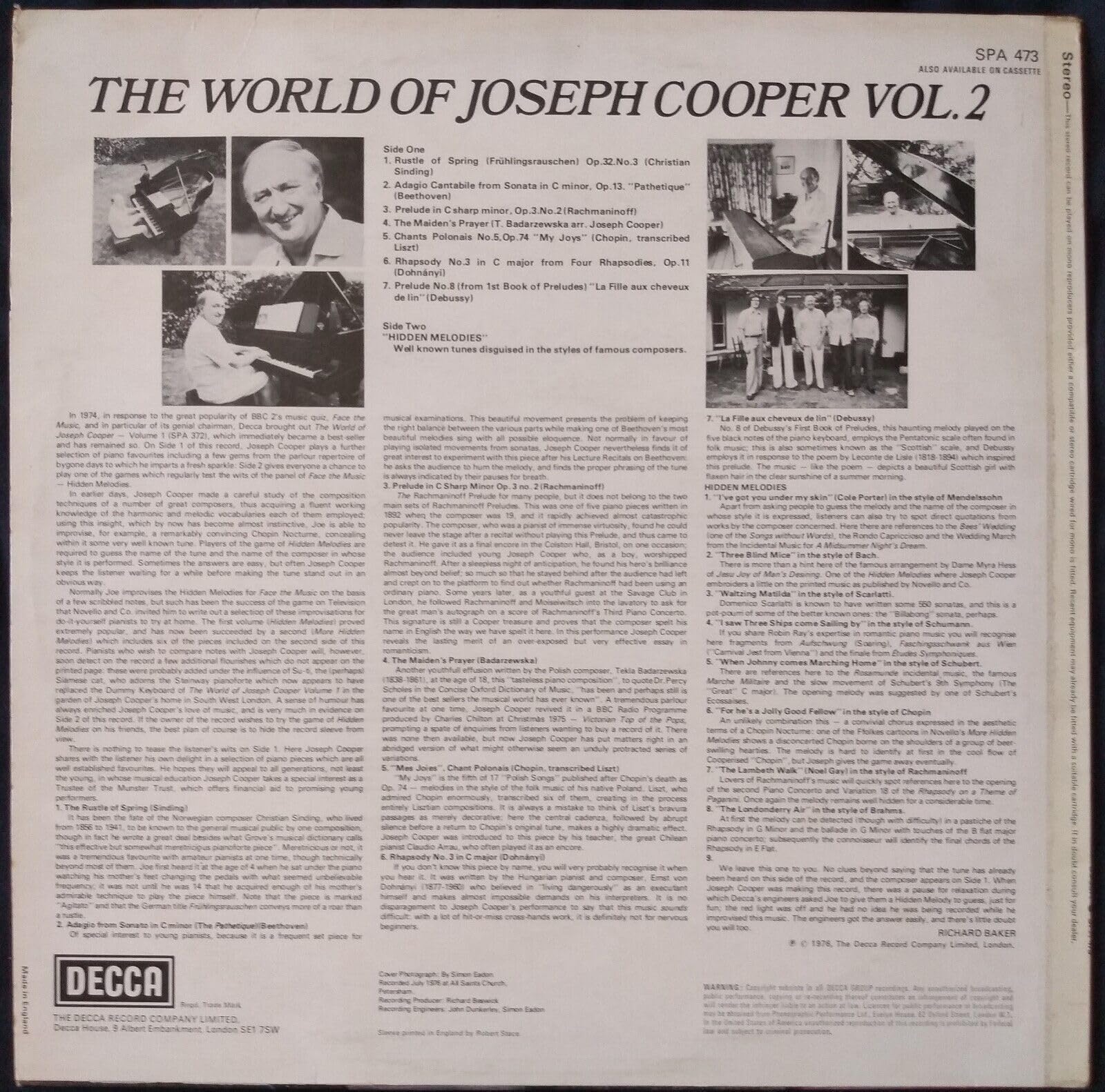 Joseph Cooper ‎– The World Of Joseph Cooper Vol.II Hidden Melodies And Six Favourite Pieces (Decca 1976) 12" vinyl LP VG/VG