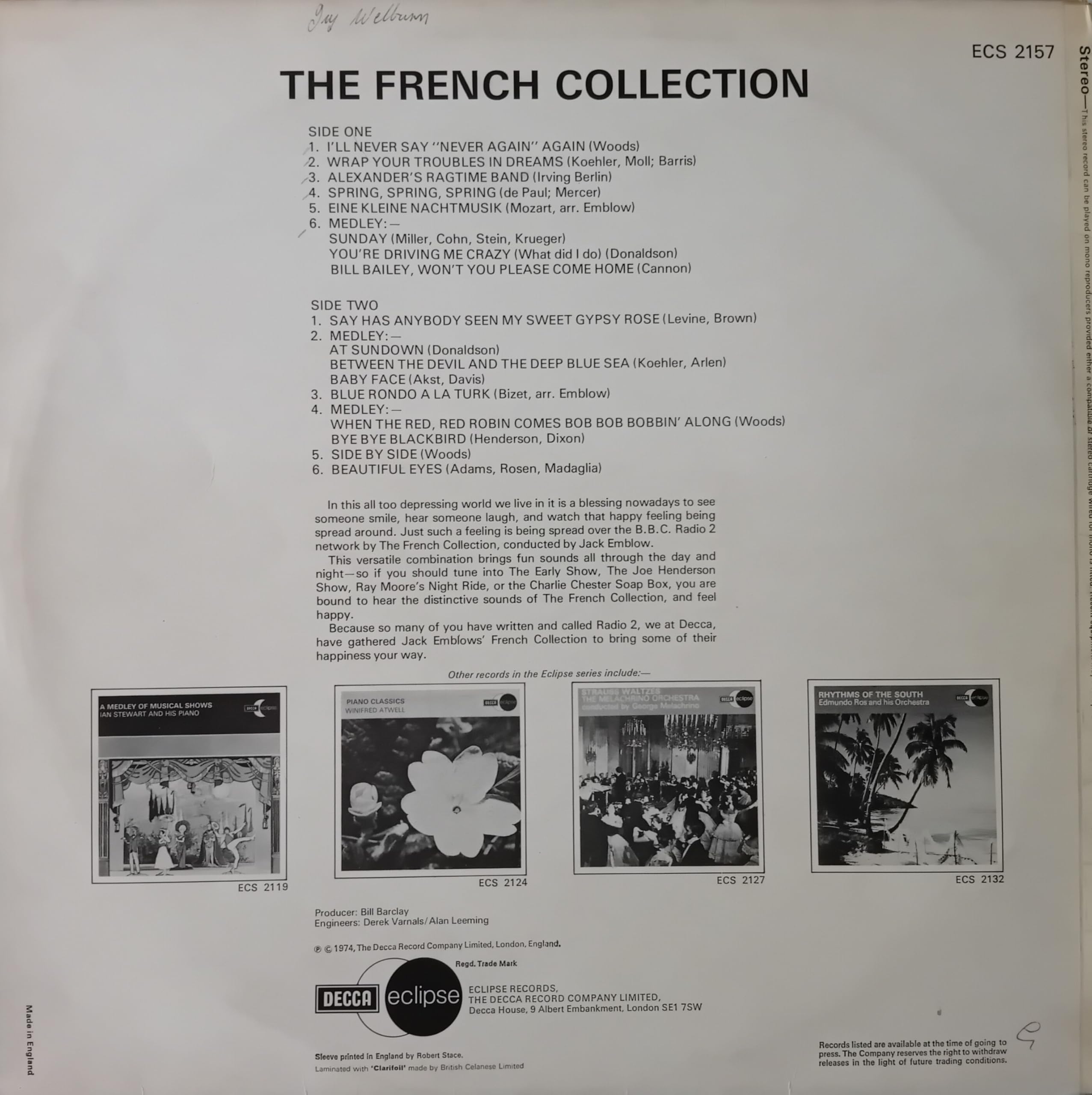 The French Collection ‎– The French Collection (Decca 1974) 12" vinyl LP VG/VG