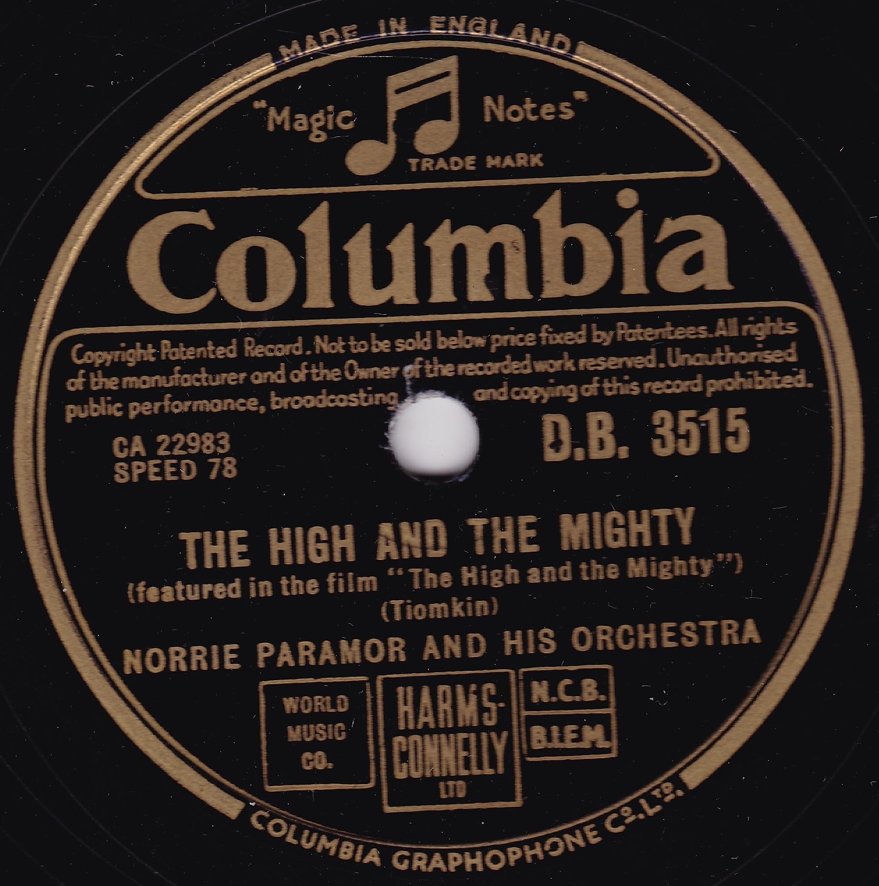 Norrie Paramor And His Orchestra – The High And The Mighty (Columbia 1954) 10" 78 RPM shellac single VG/-