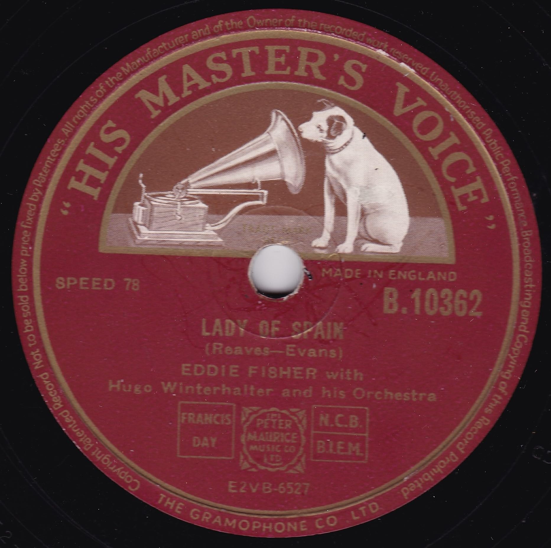 Eddie Fisher ‎– Outside Of Heaven (HMV 1953) 10" 78RPM shellac single VG/-
