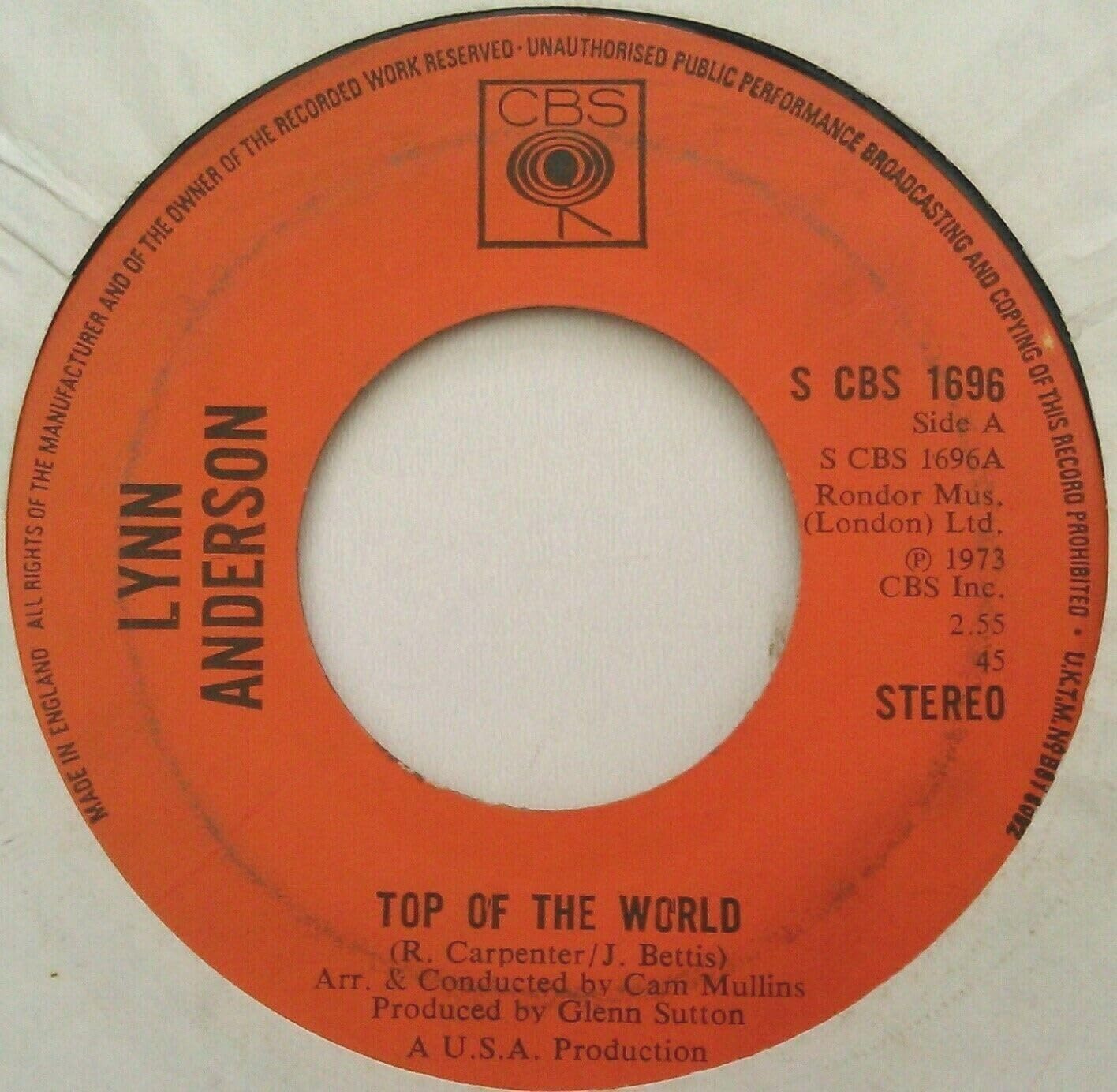 Lynn Anderson - Top of the World (CBS 1973) 7" vinyl single VG/- jukebox centre
