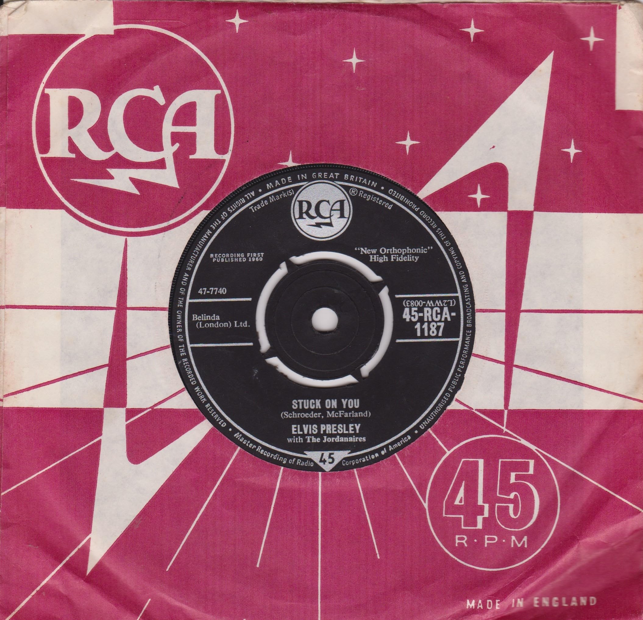 Elvis Presley With The Jordanaires – Stuck On You (RCA 1960) 7" vinyl single VG/VG