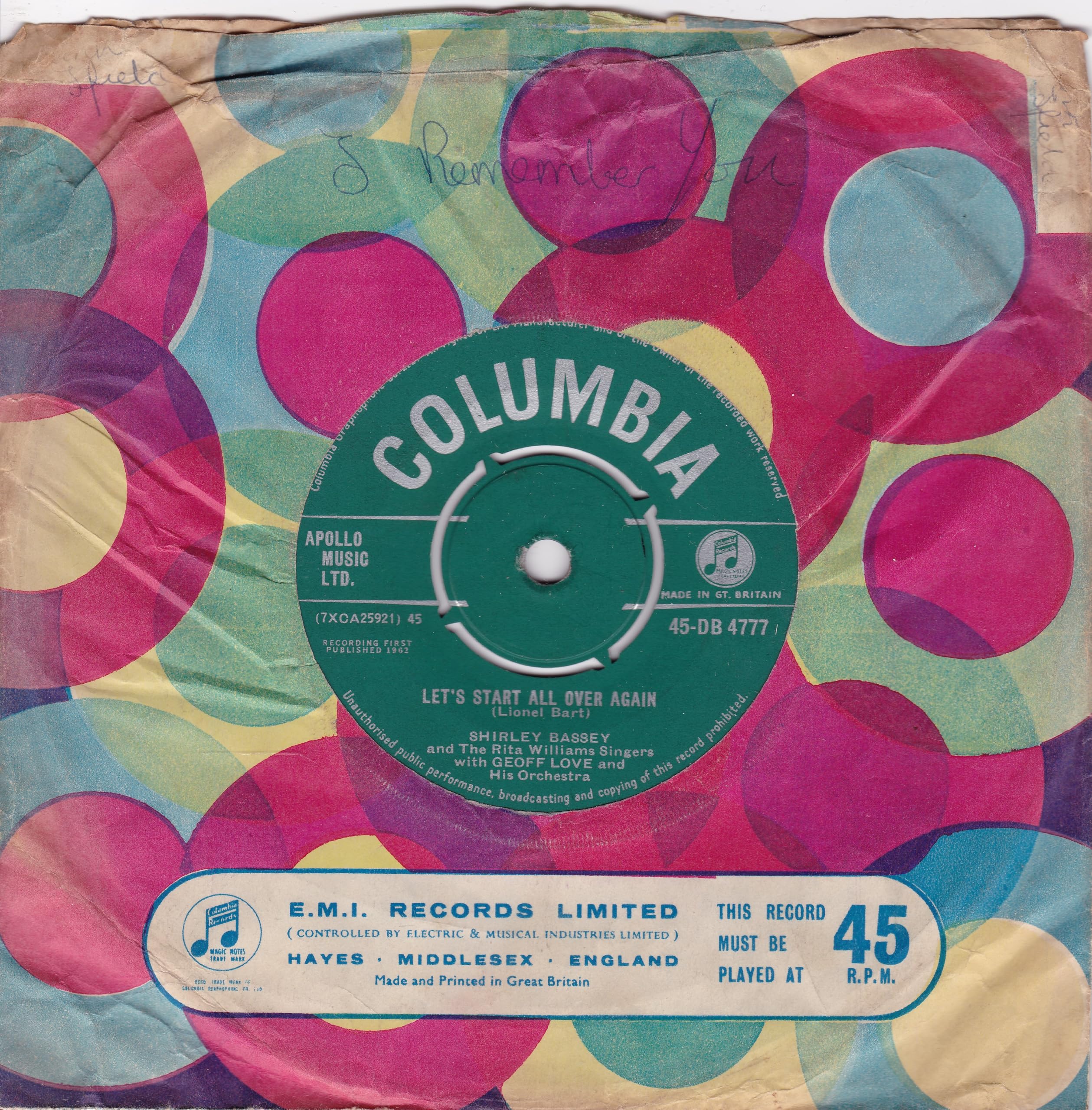 Shirley Bassey And The Rita Williams Singers With Geoff Love & His Orchestra ‎– Tonight (Columbia 1962) 7" vinyl single VG/G+